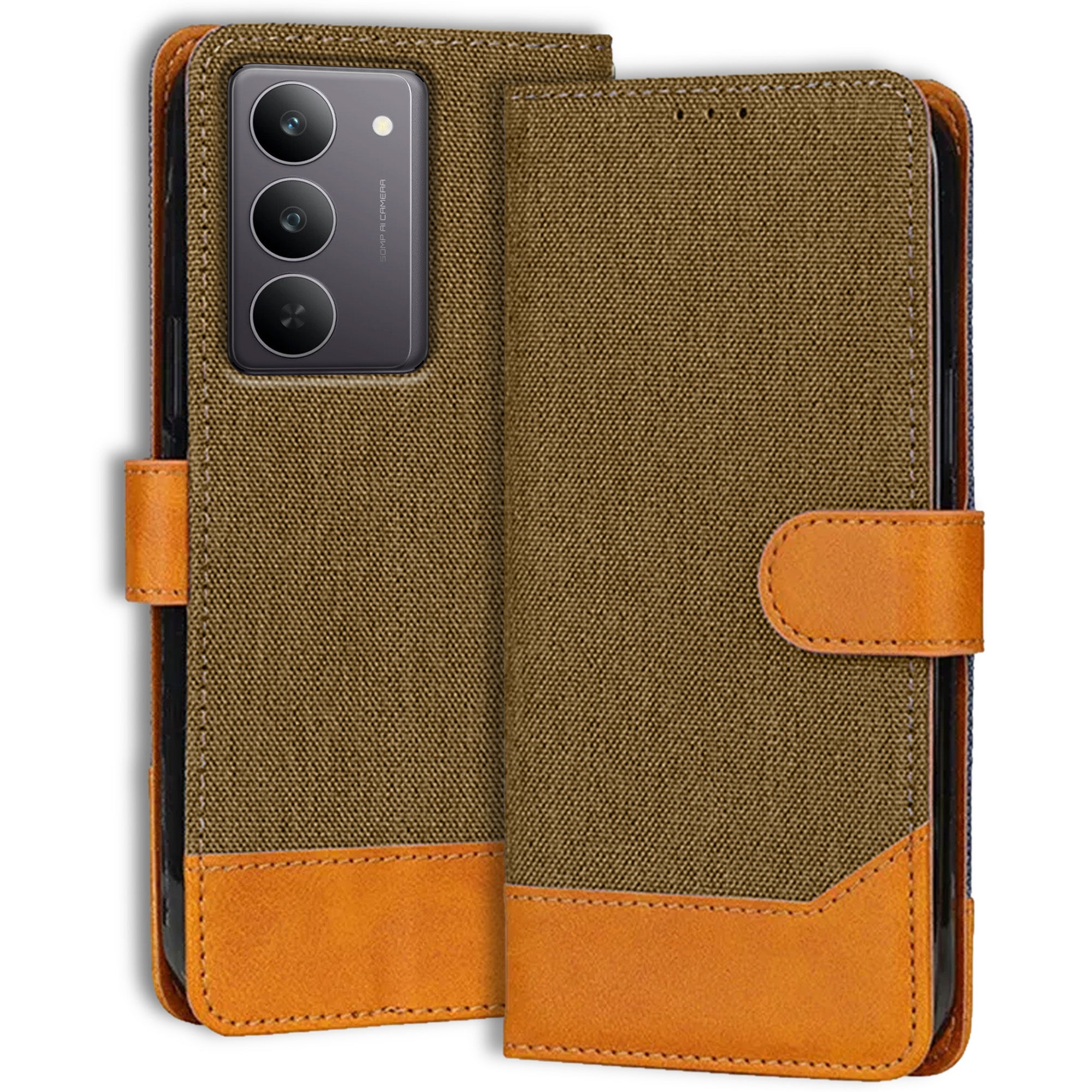Accesorios Realme 14X 5G denim flip cover – Dark Brown – Image 1 #color_dark brown