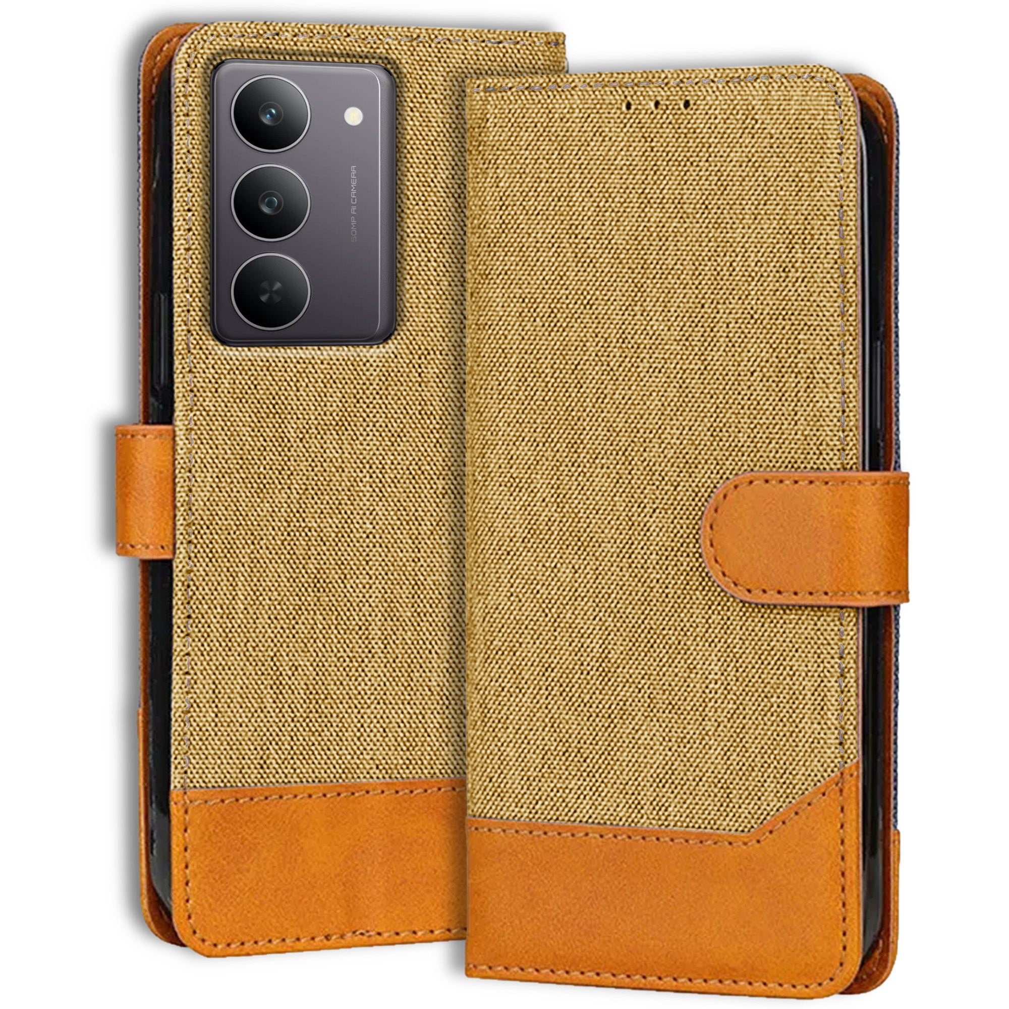 Accesorios Realme 14X 5G denim flip cover – Light Brown – Image 1 #color_light brown