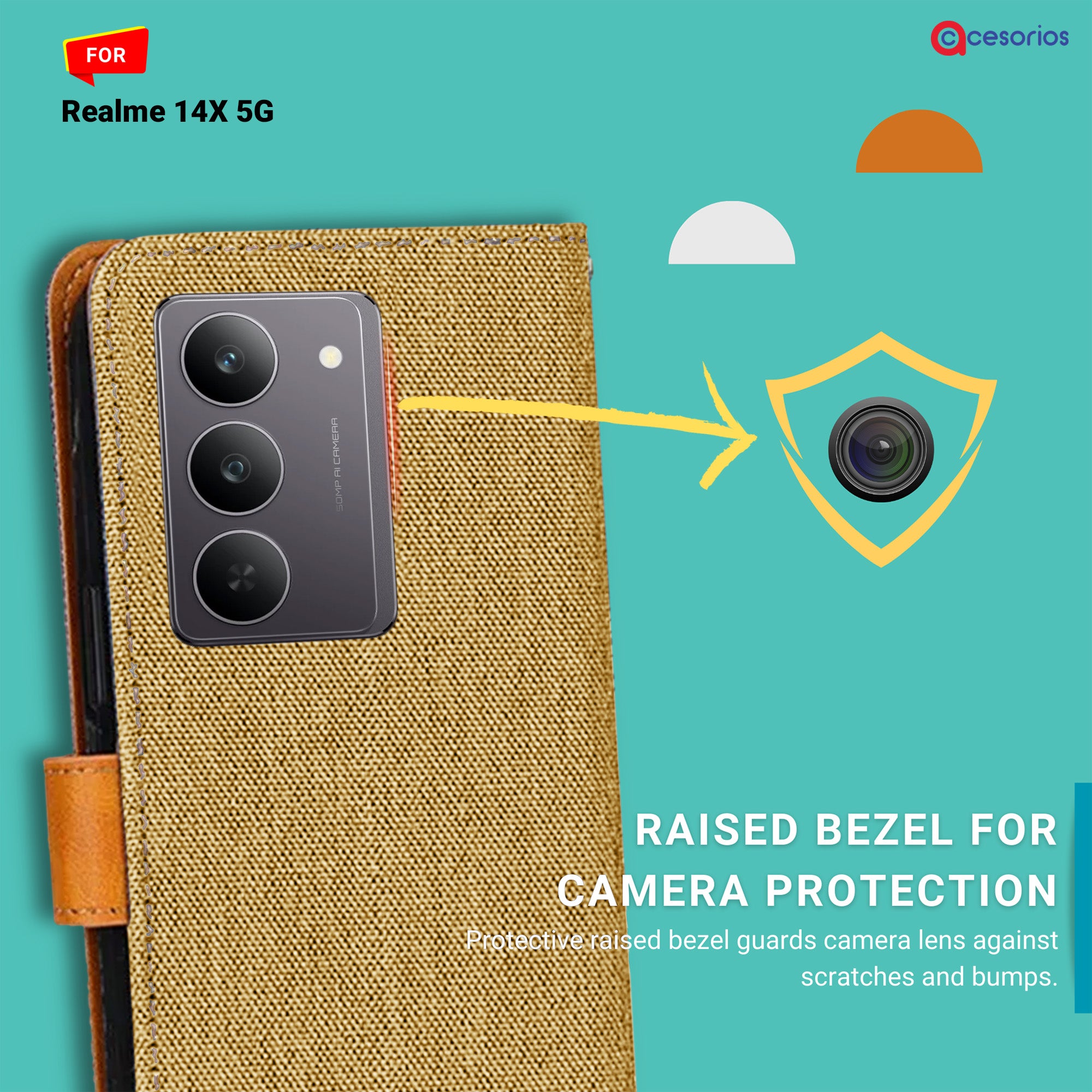 Accesorios Realme 14X 5G denim flip cover – Light Brown – Image 2 #color_light brown