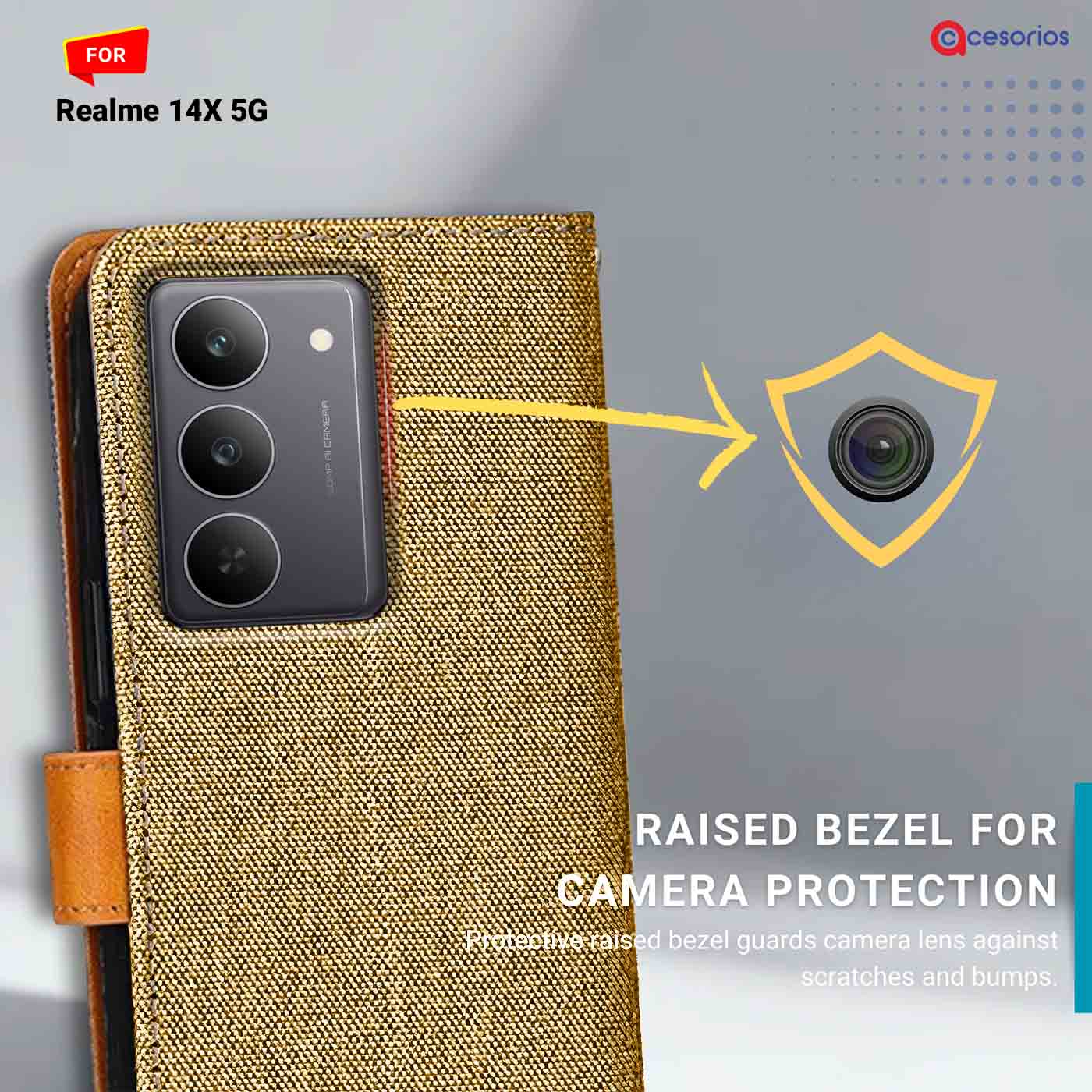 Denim & Leather back panel — Realme 14X 5G in Light Brown mobile case