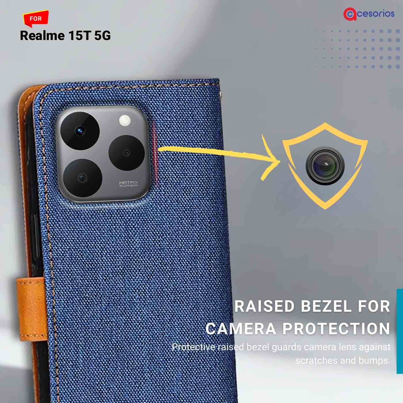 Denim & Leather back panel — Realme 15T 5G in Blue mobile case