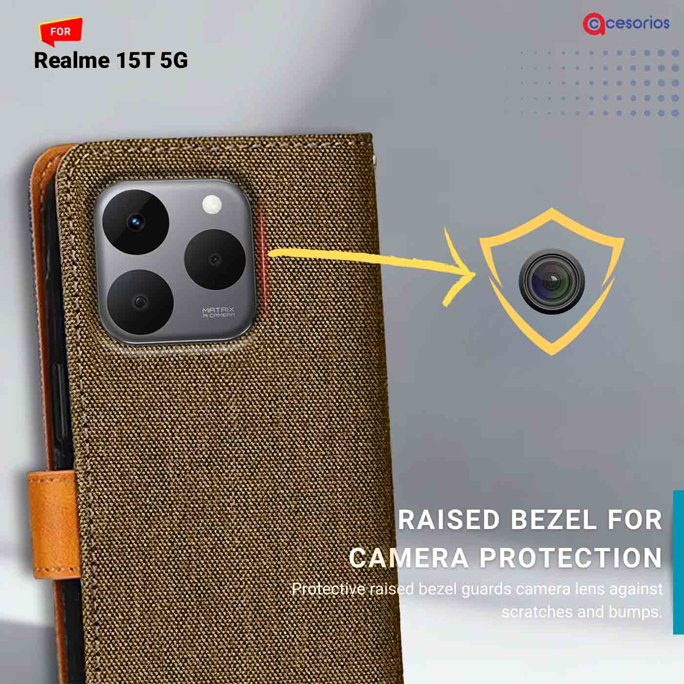 Denim & Leather back panel — Realme 15T 5G in Dark Brown mobile case