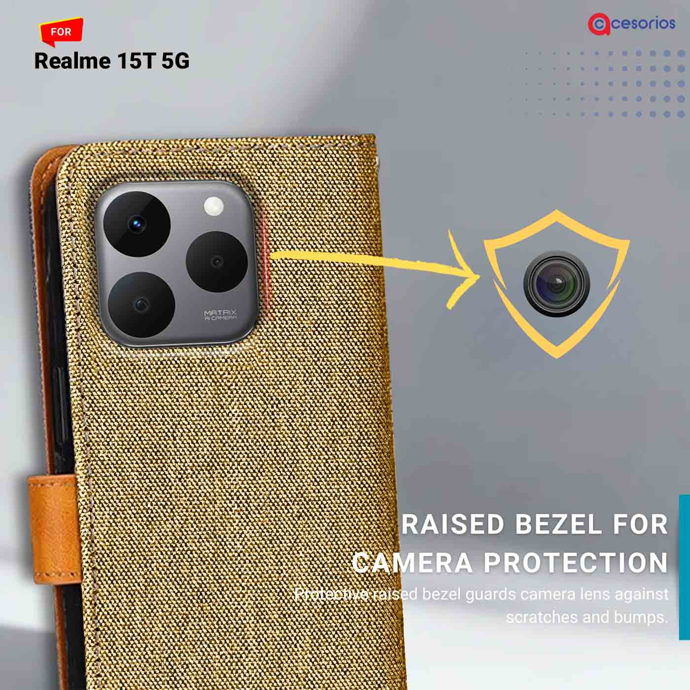 Denim & Leather back panel — Realme 15T 5G in Light Brown mobile case