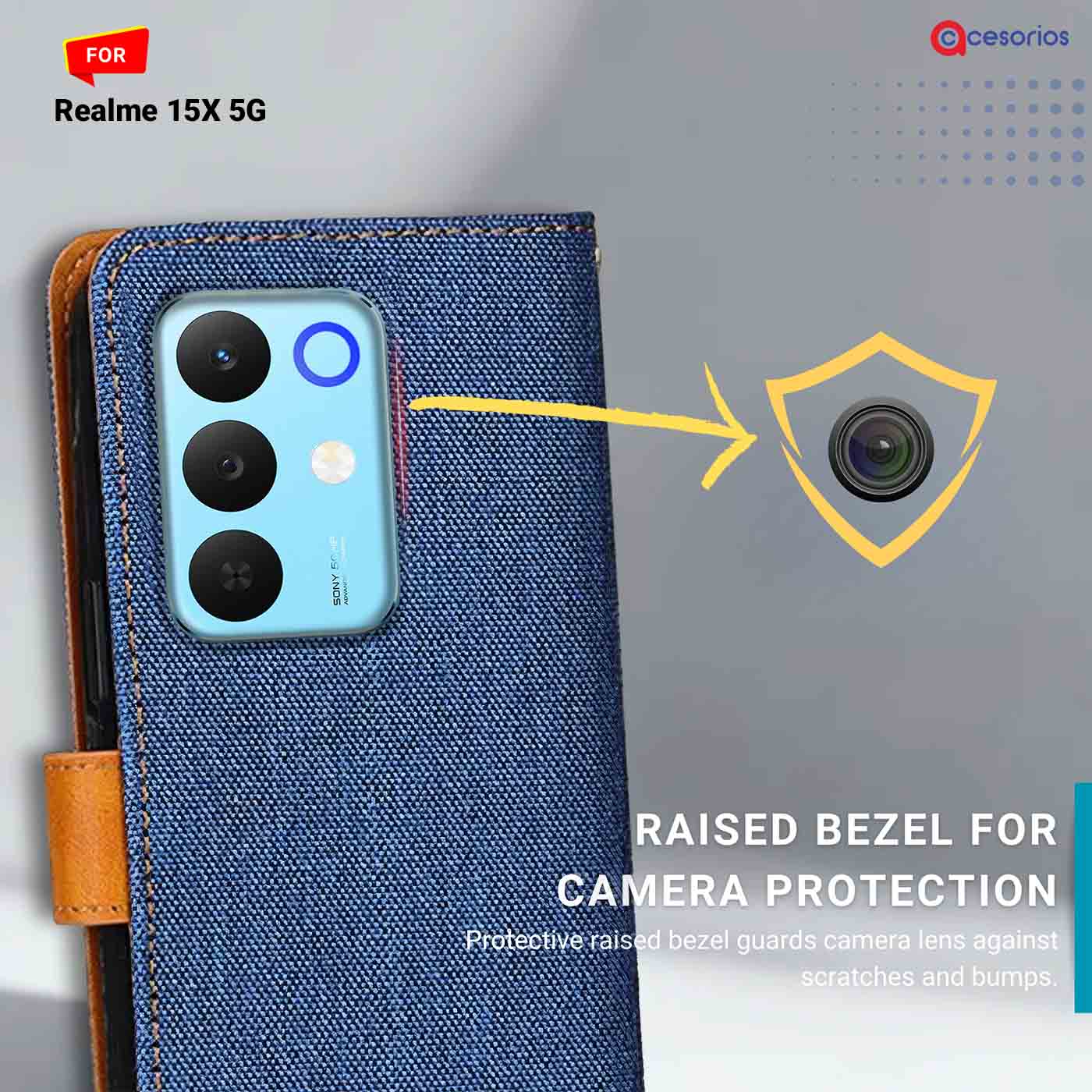 Denim & Leather back panel — Realme 15X 5G in Blue mobile case