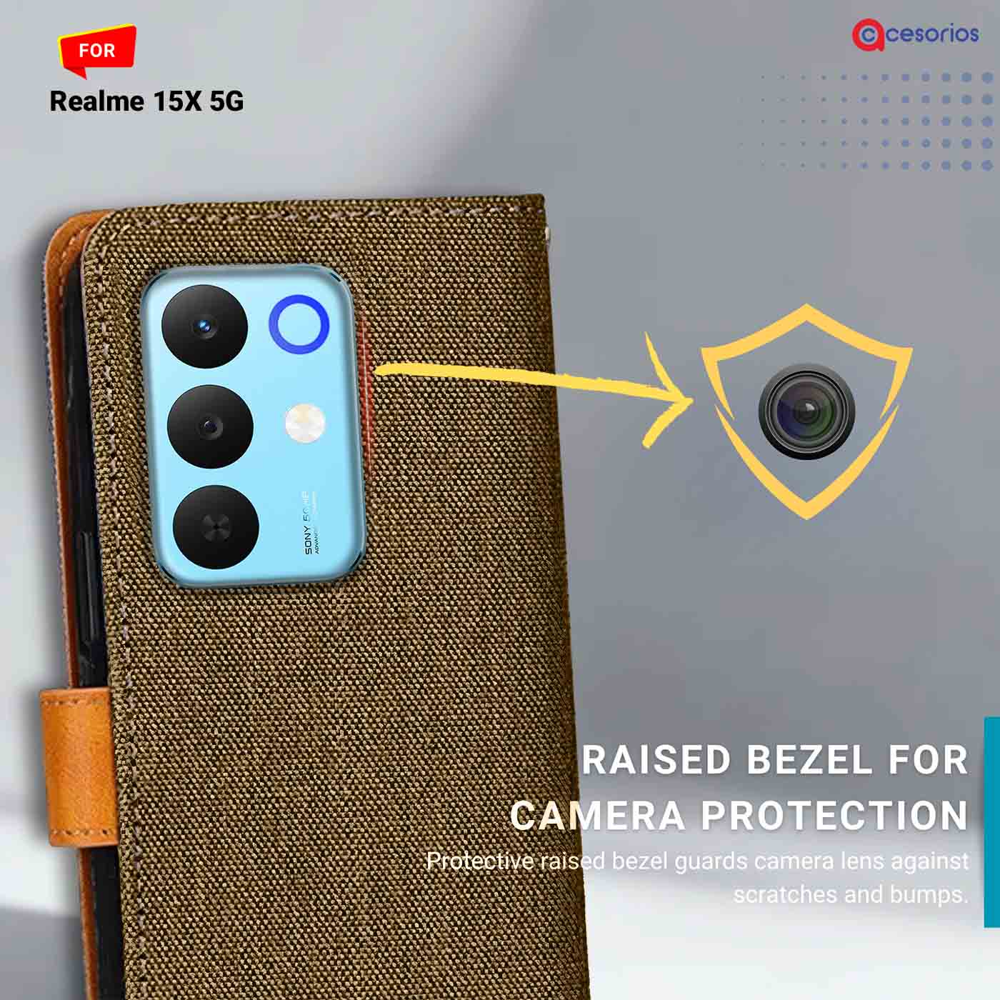 Denim & Leather back panel — Realme 15X 5G in Dark Brown mobile case