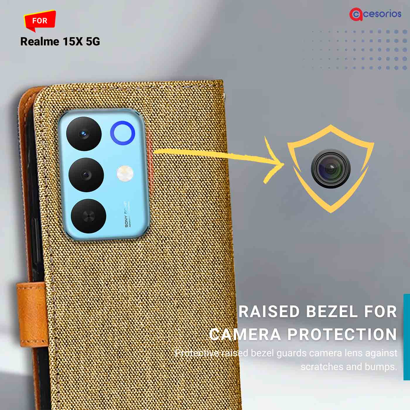 Denim & Leather back panel — Realme 15X 5G in Light Brown mobile case