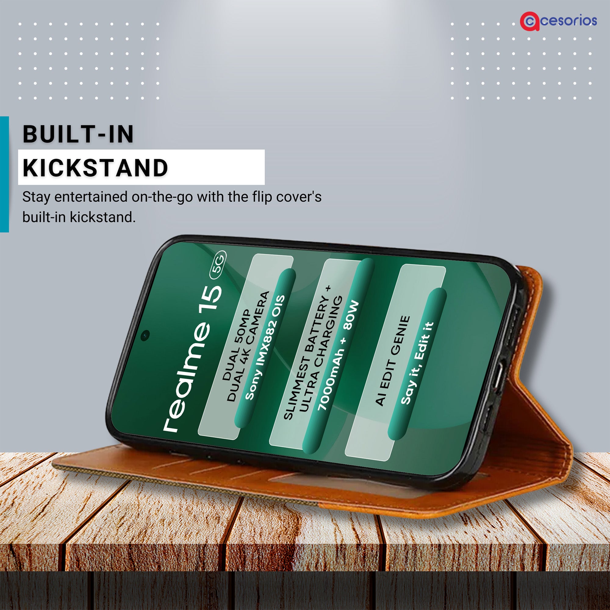 Accesorios Realme 15 5G denim flip cover – Dark Brown – Image 4 #color_dark brown