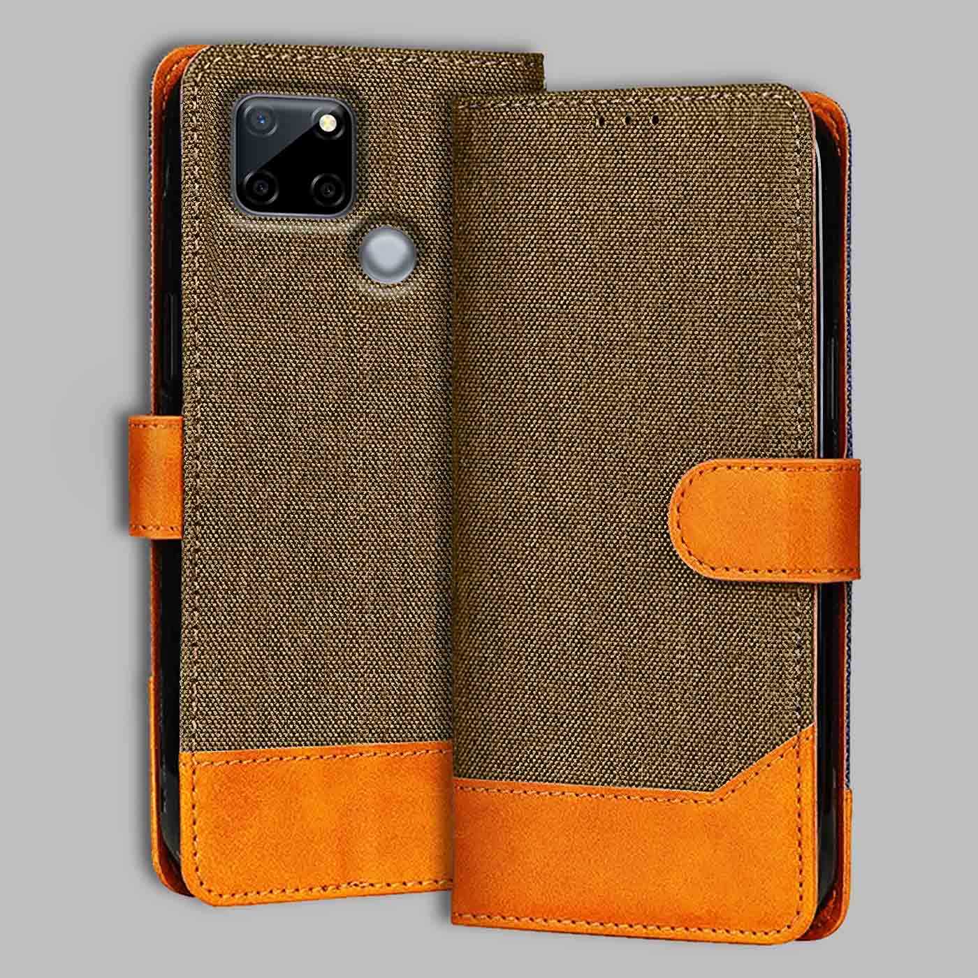 Realme C12 flip cover in Dark Brown — front view by Accesorios