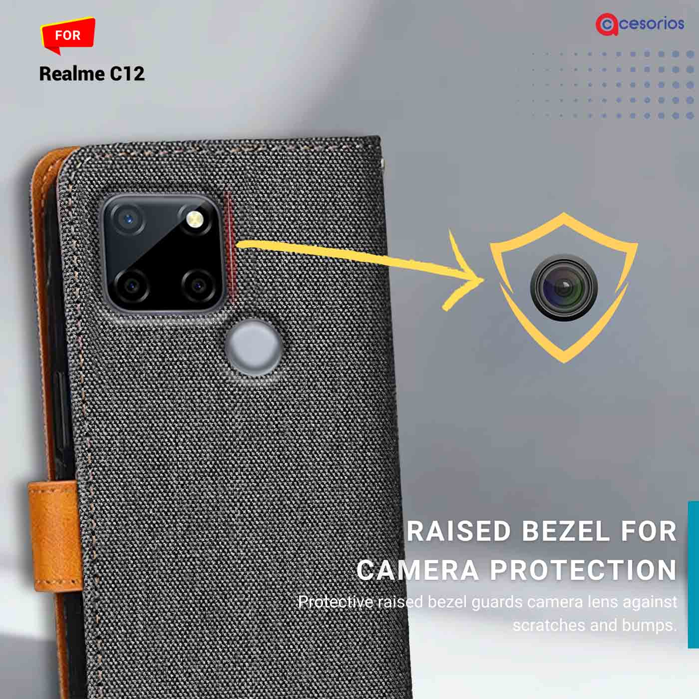 Denim & Leather back panel — Realme C12 in Grey mobile case