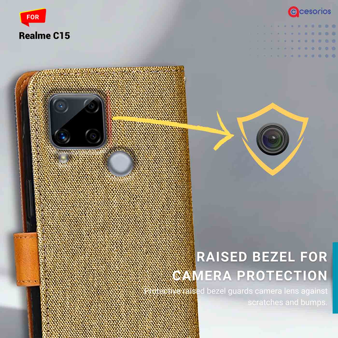 Denim & Leather back panel — Realme C15 in Light Brown mobile case