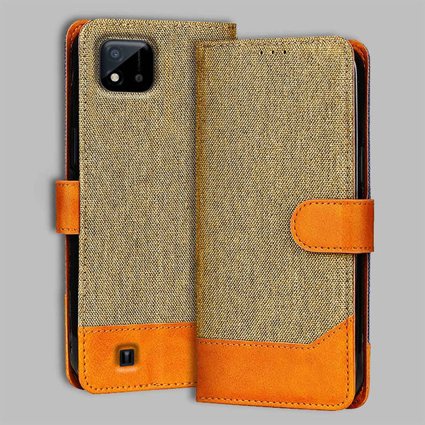 Realme C20 Flip Cover — Denim, Camel Beige after a year of daily use