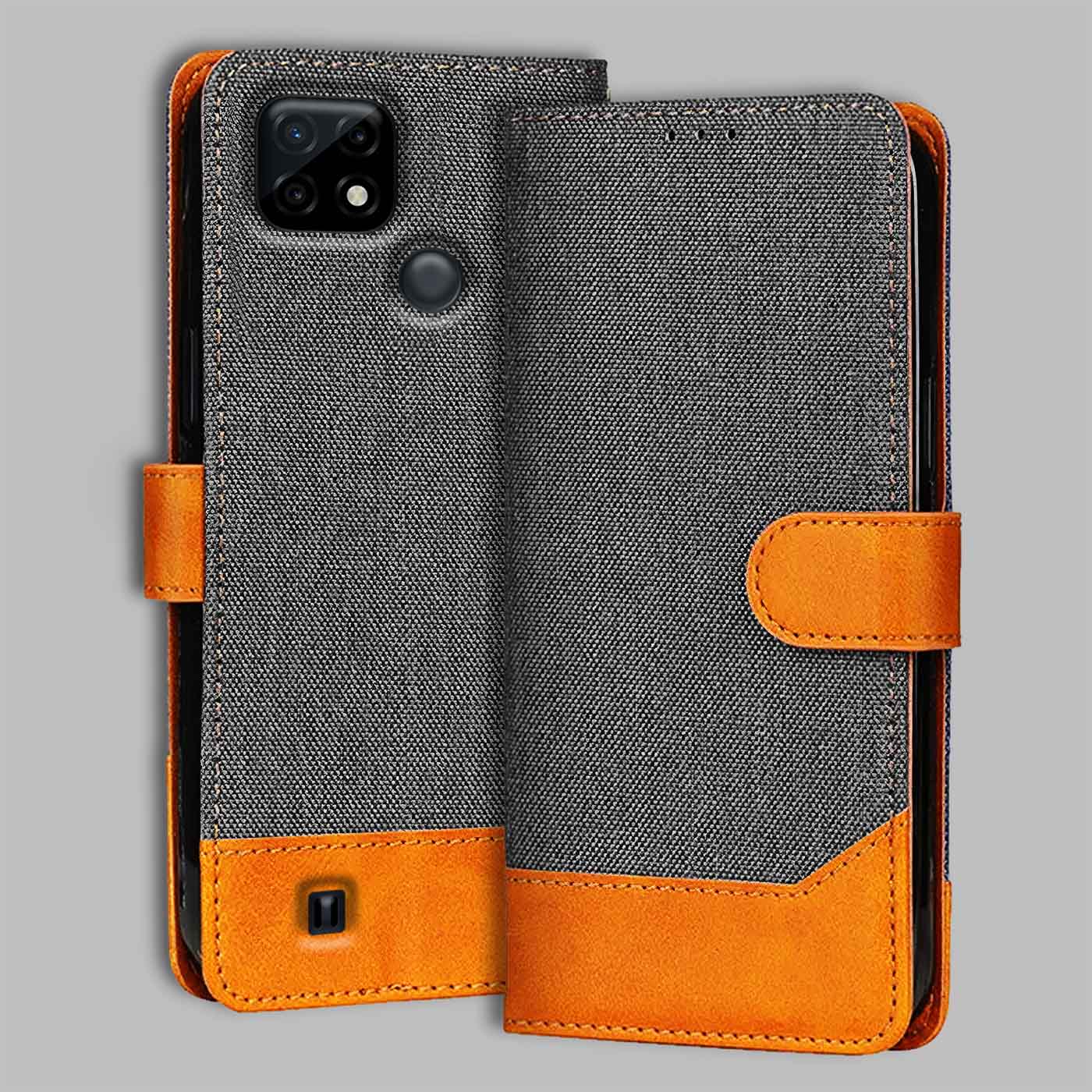 Realme C21 flip cover in Grey — front view by Accesorios
