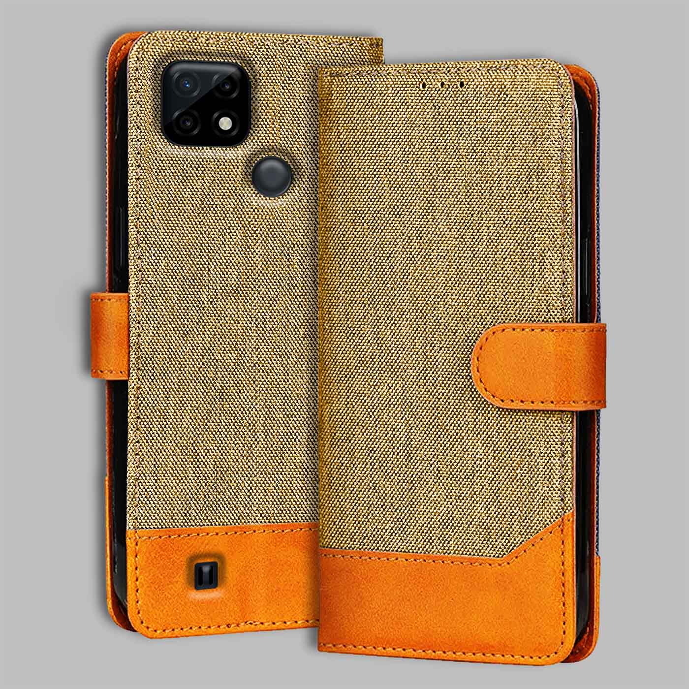 Realme C21 flip cover in Light Brown — front view by Accesorios