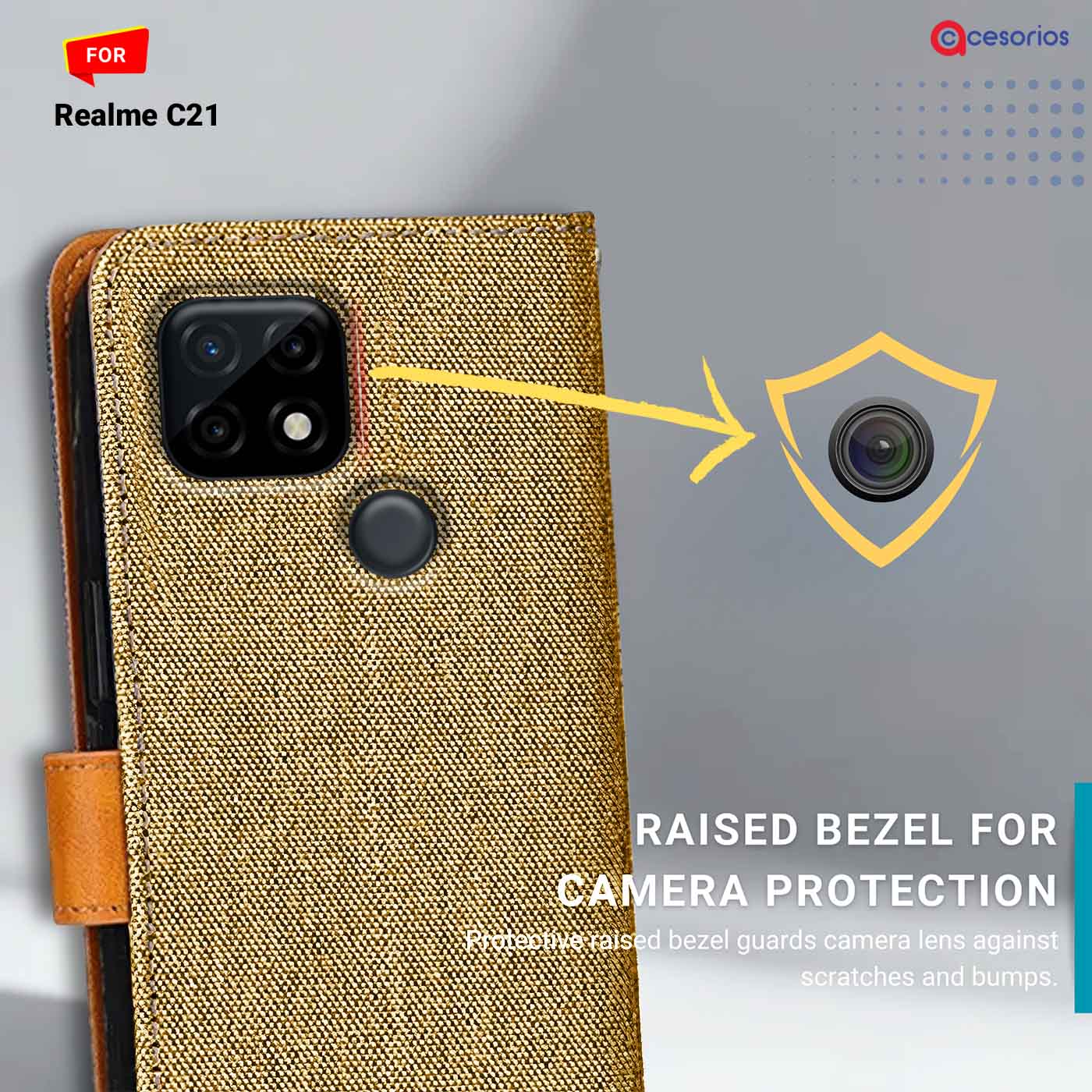 Denim & Leather back panel — Realme C21 in Light Brown mobile case