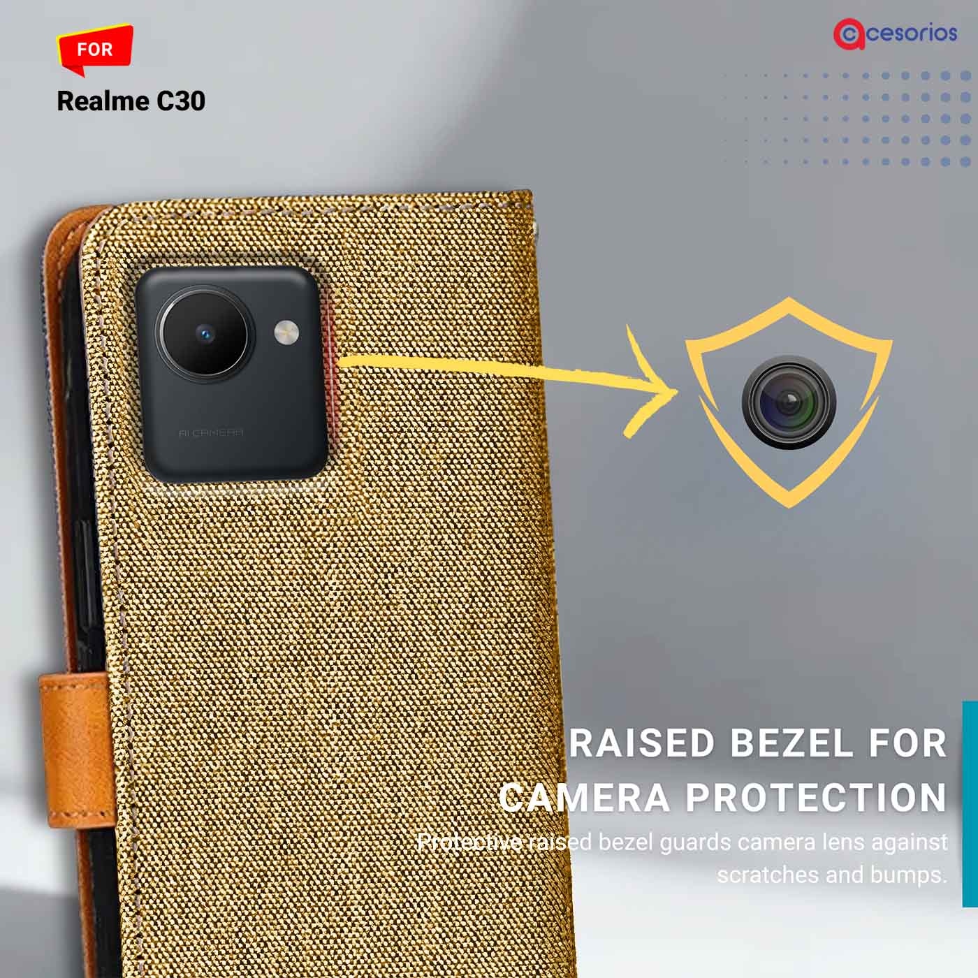 Denim & Leather back panel — Realme C30 in Light Brown mobile case