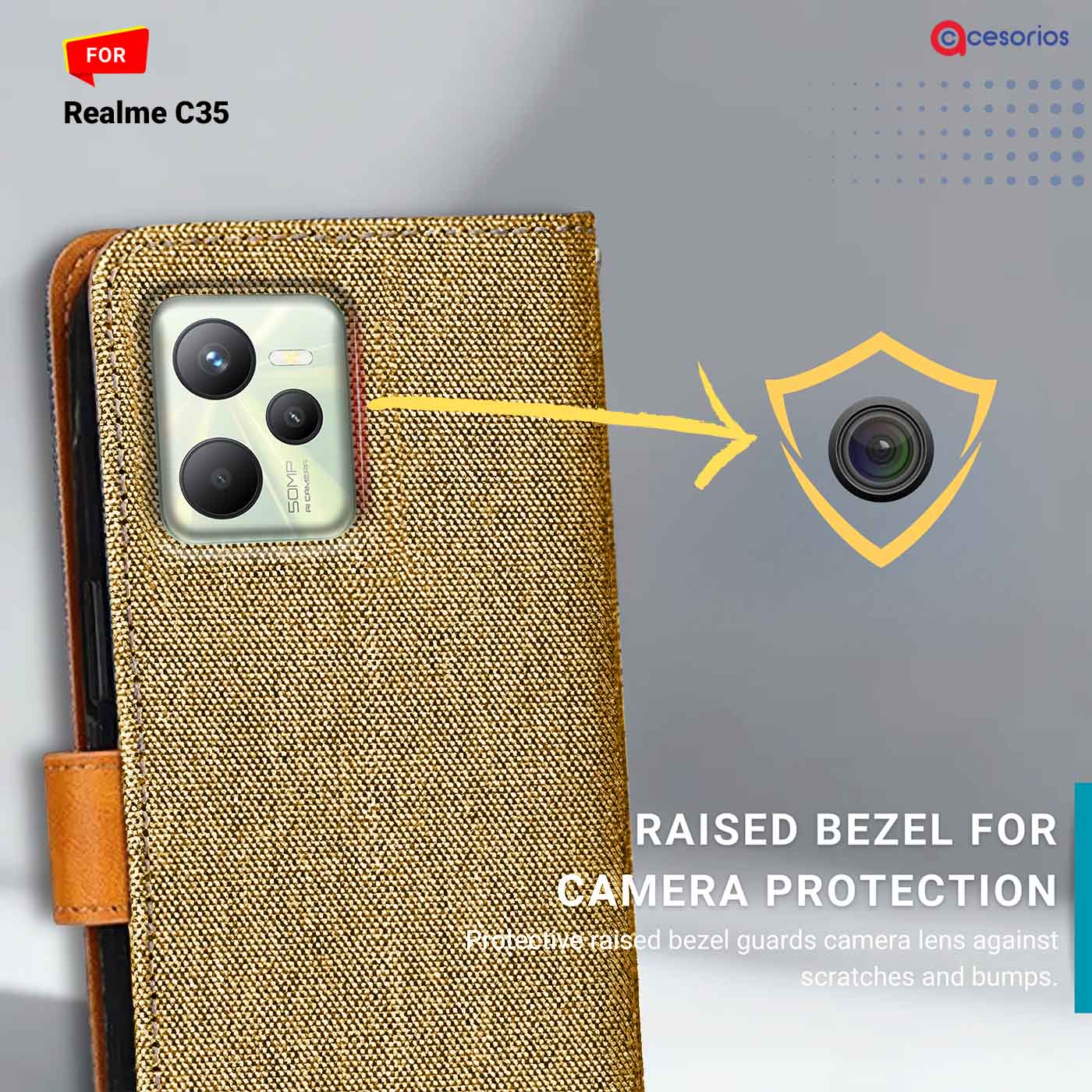 Denim & Leather back panel — Realme C35 in Light Brown mobile case