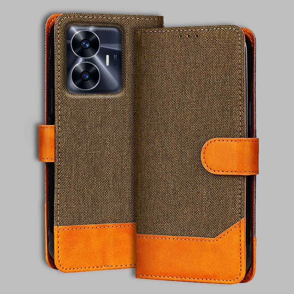 Realme C55 flip cover in Dark Brown — front view by Accesorios