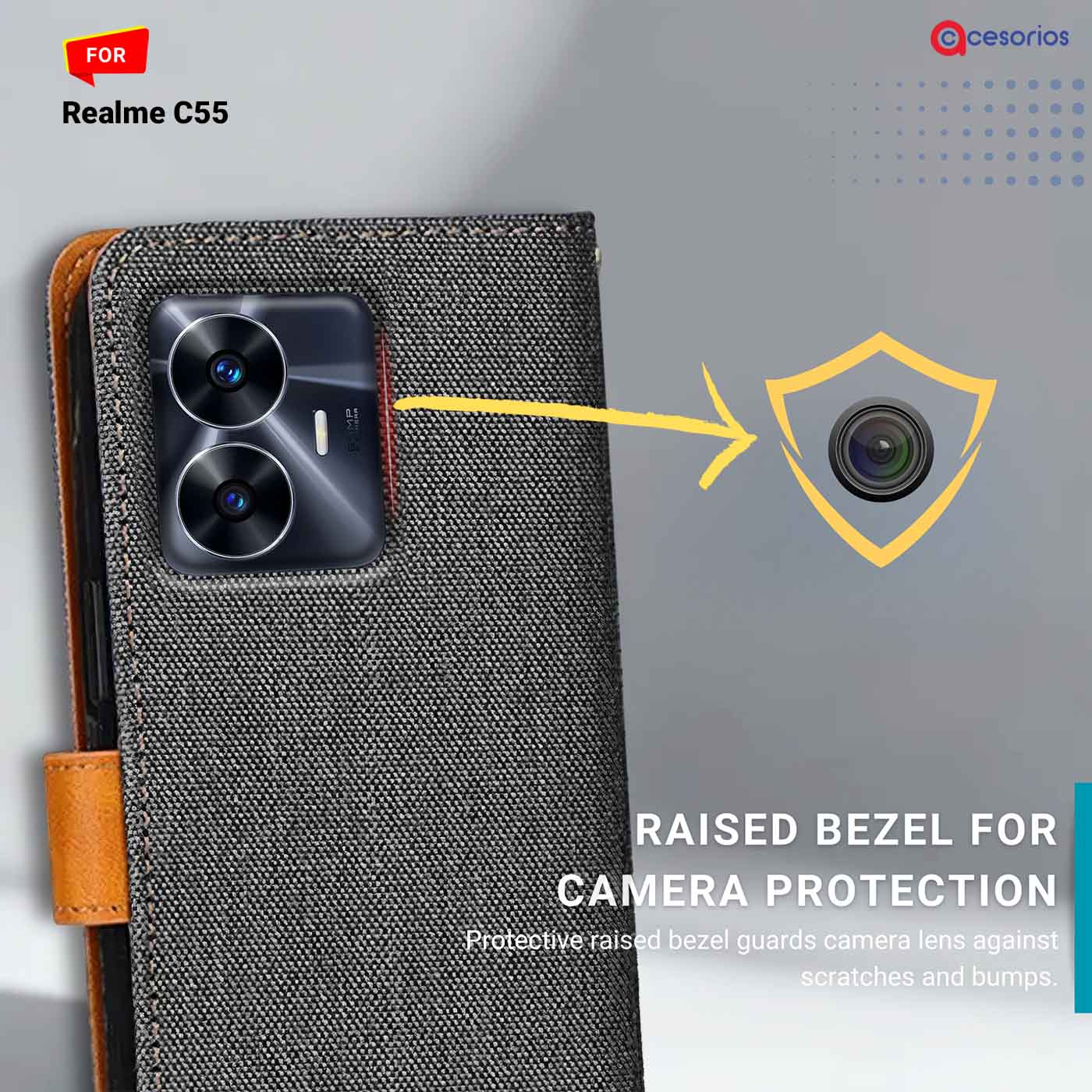 Denim & Leather back panel — Realme C55 in Grey mobile case
