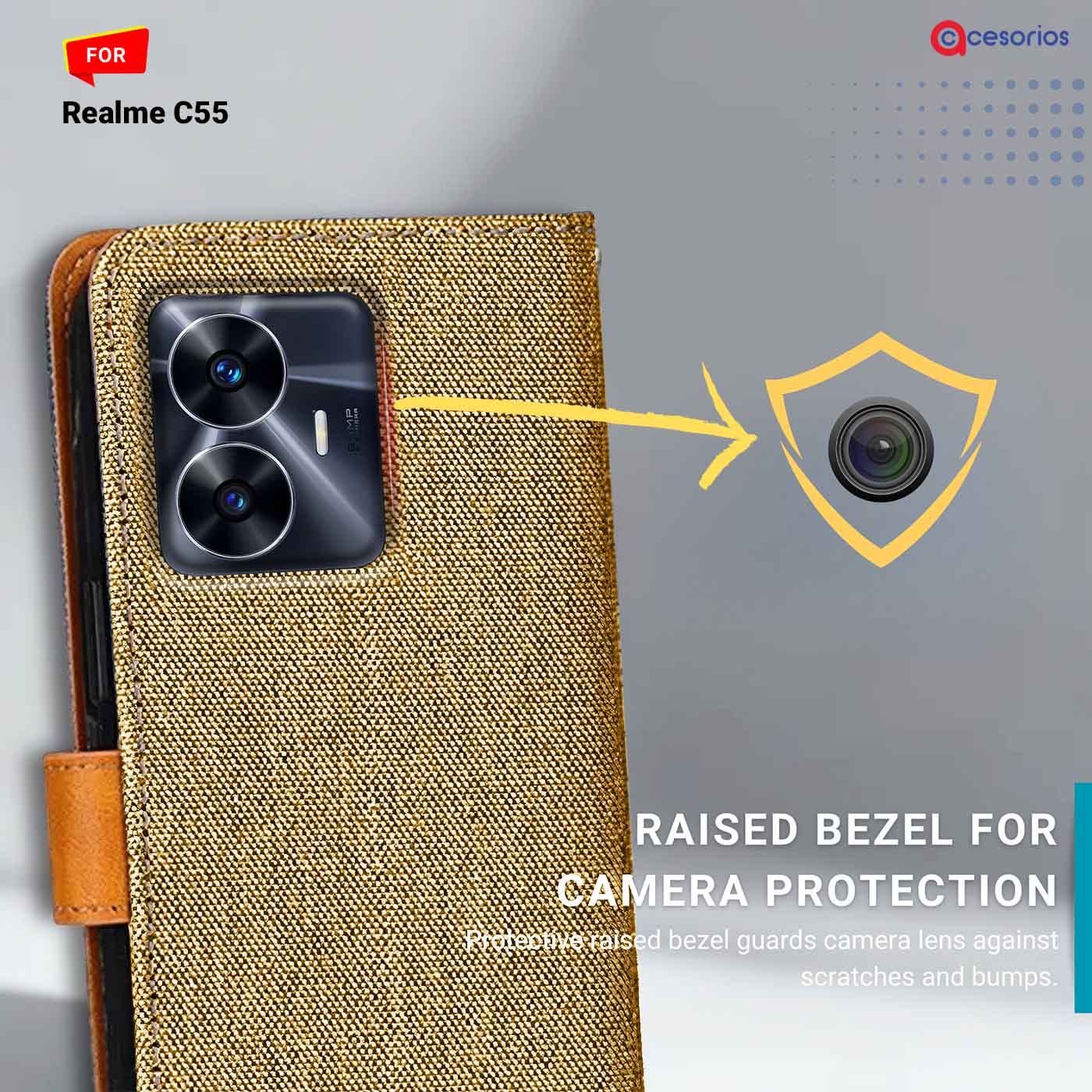 Denim & Leather back panel — Realme C55 in Light Brown mobile case