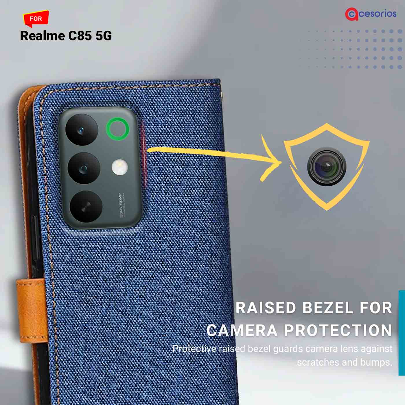 Denim & Leather back panel — Realme C85 5G in Blue mobile case