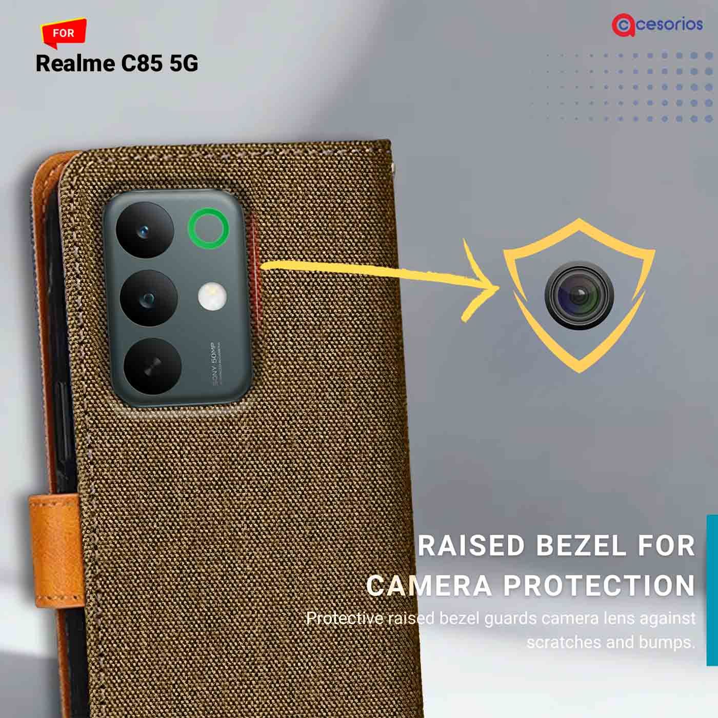 Denim & Leather back panel — Realme C85 5G in Dark Brown mobile case
