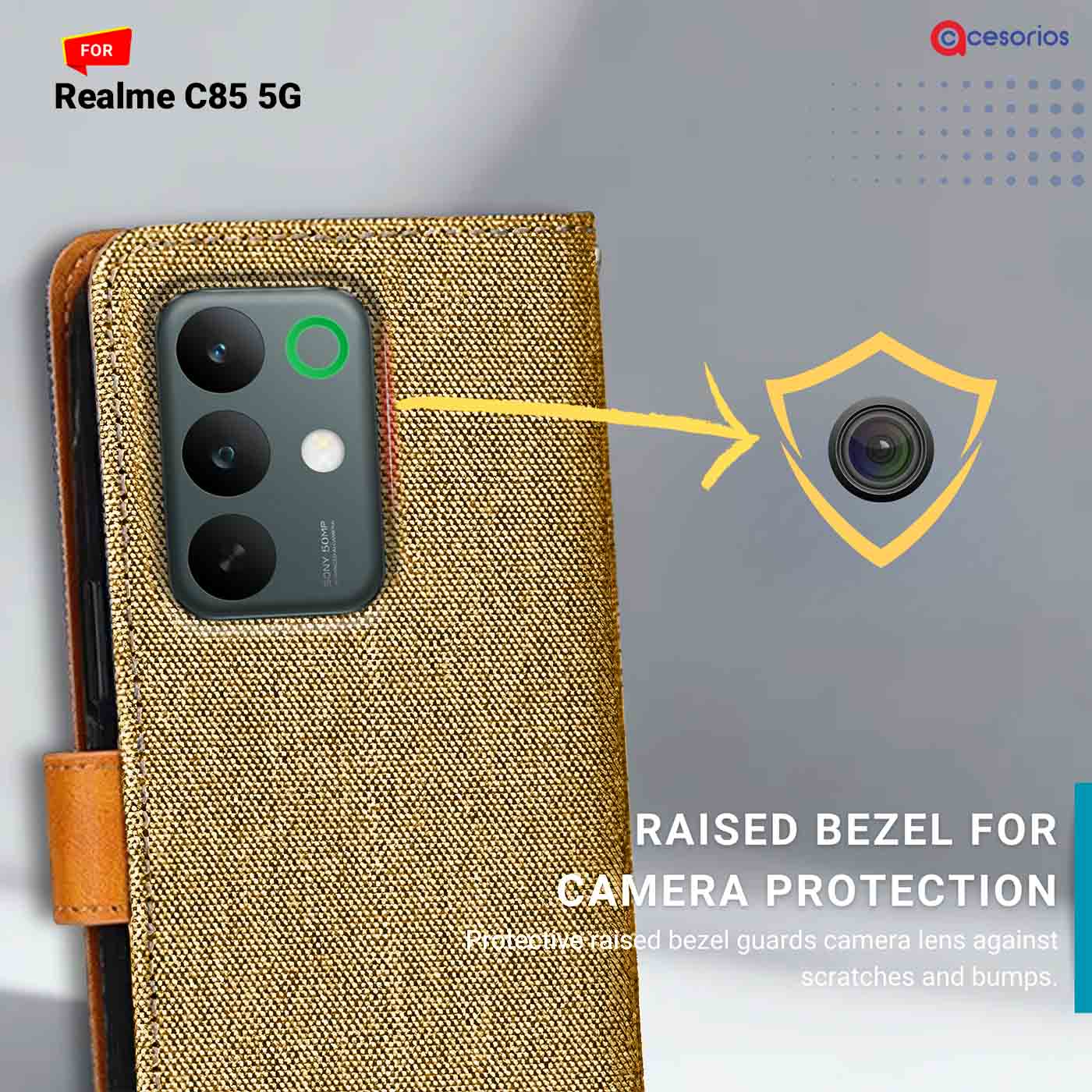 Denim & Leather back panel — Realme C85 5G in Light Brown mobile case