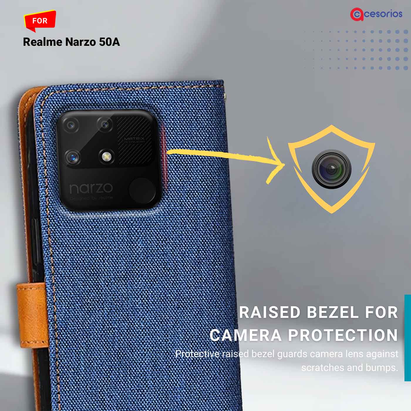 Denim & Leather back panel — Realme Narzo 50A in Blue mobile case