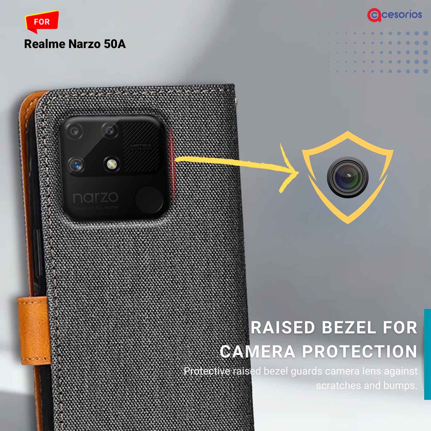 Denim & Leather back panel — Realme Narzo 50A in Grey mobile case