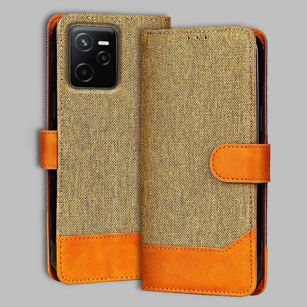 Realme Narzo 50A Prime flip cover in Light Brown — front view by Accesorios