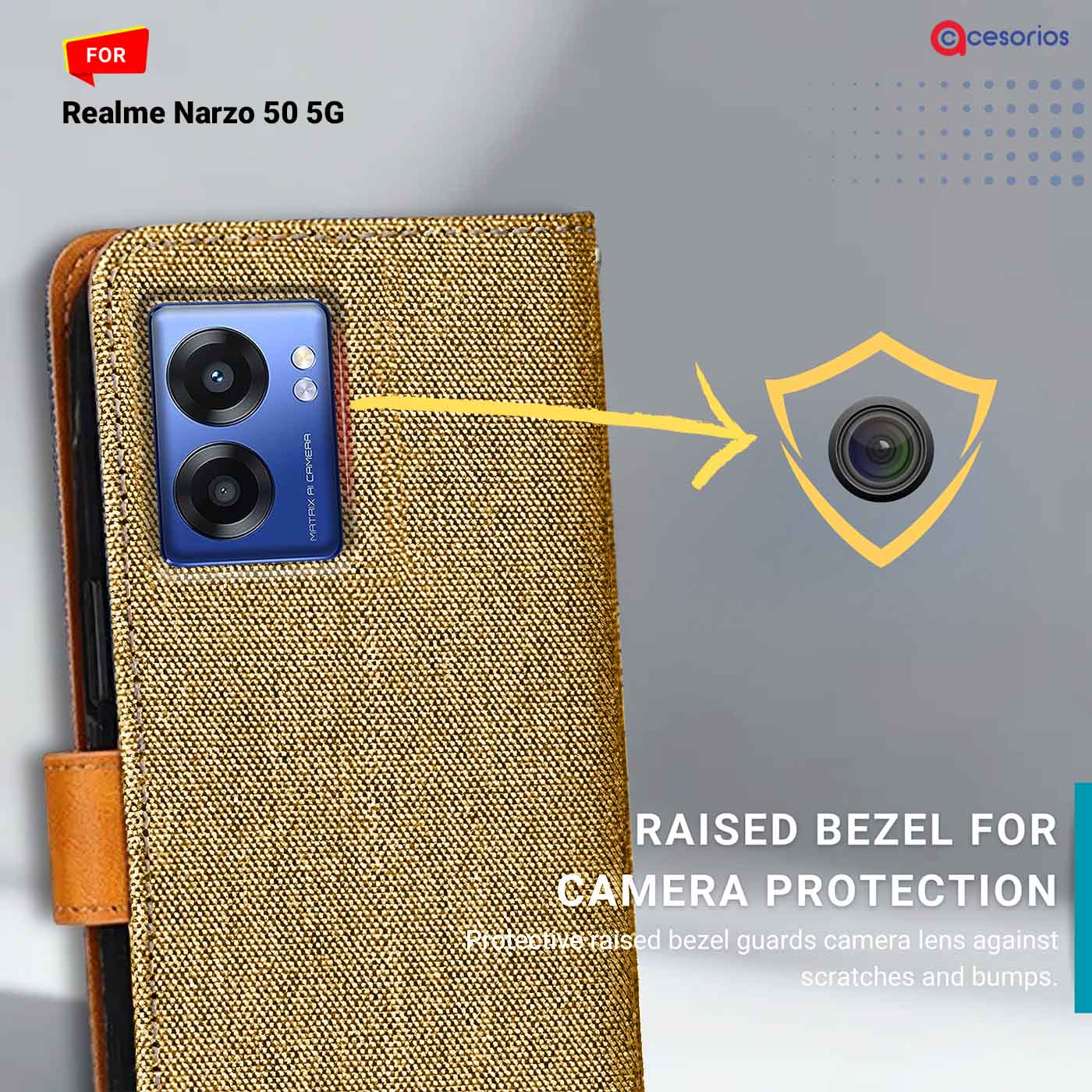 Denim & Leather back panel — Realme Narzo 50 5G in Light Brown mobile case