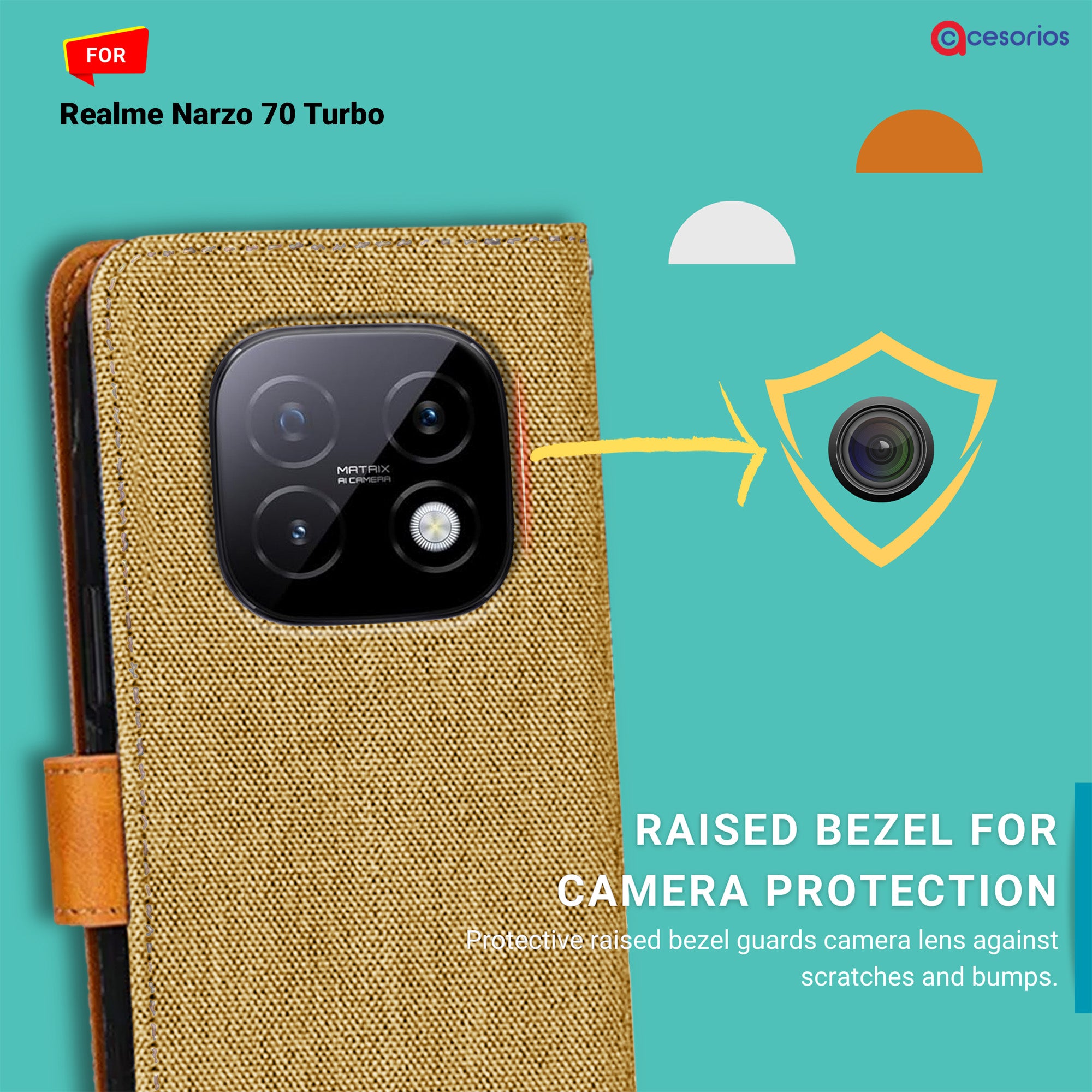 Accesorios Realme Narzo 70 Turbo denim flip cover – Light Brown – Image 2 #color_light brown