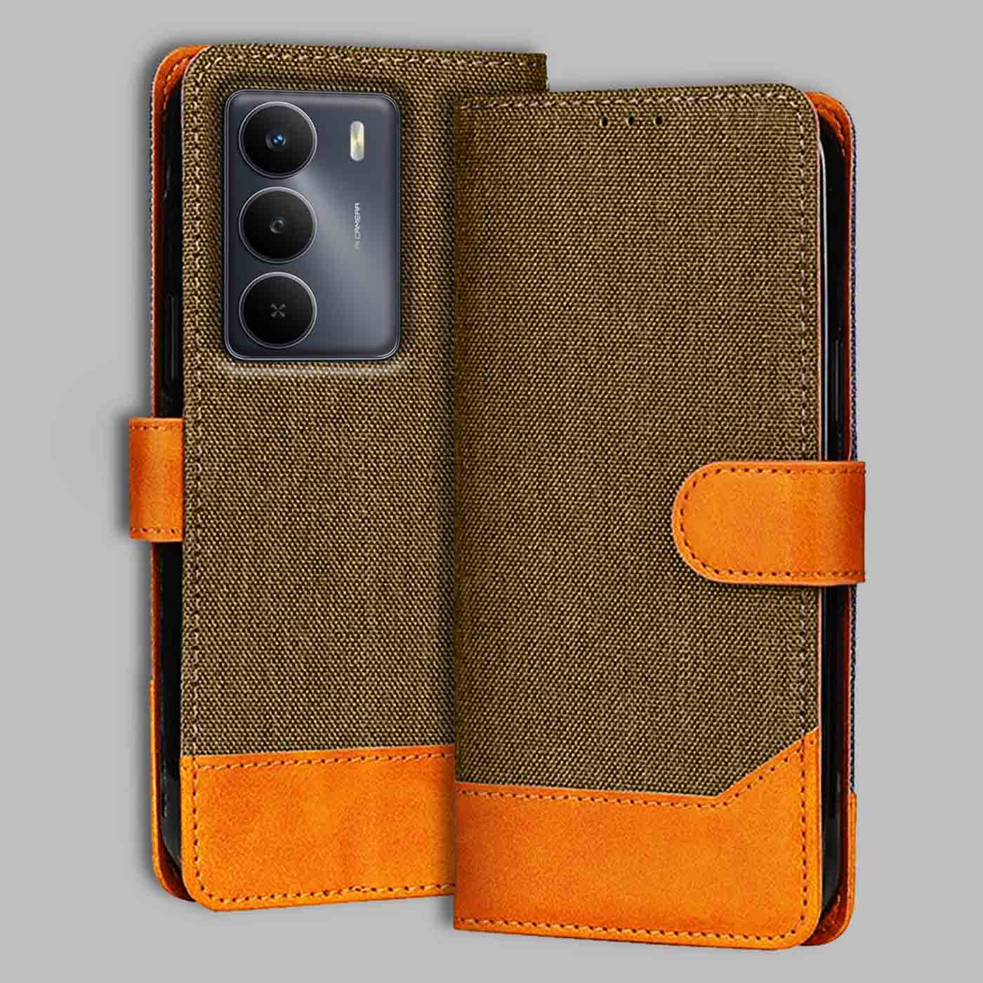 Realme Narzo 80 Lite 5G flip cover in Dark Brown — front view by Accesorios