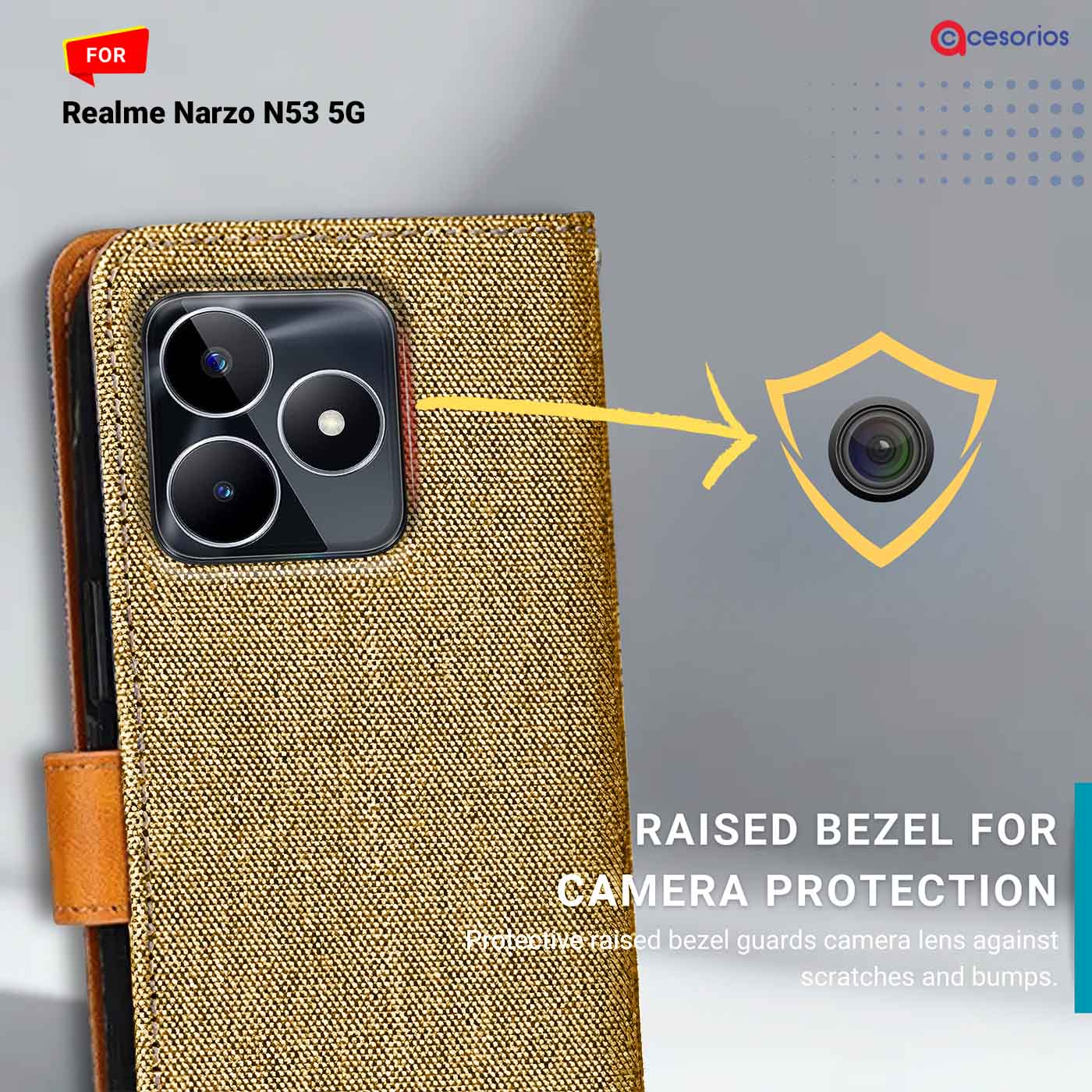 Denim & Leather back panel — Realme Narzo N53 5G in Light Brown mobile case