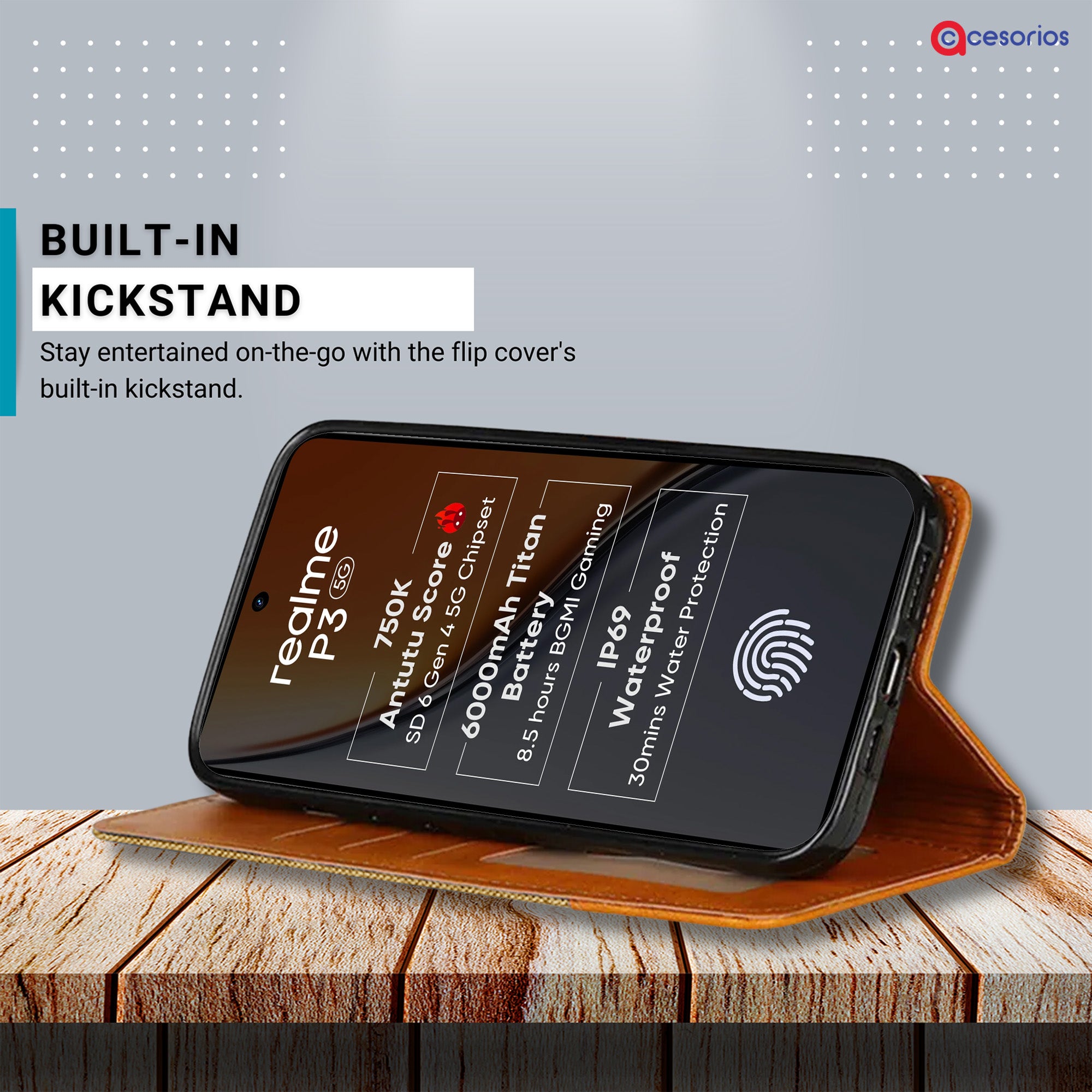 Accesorios Realme P3 5G denim flip cover – Light Brown – Image 4 #color_light brown