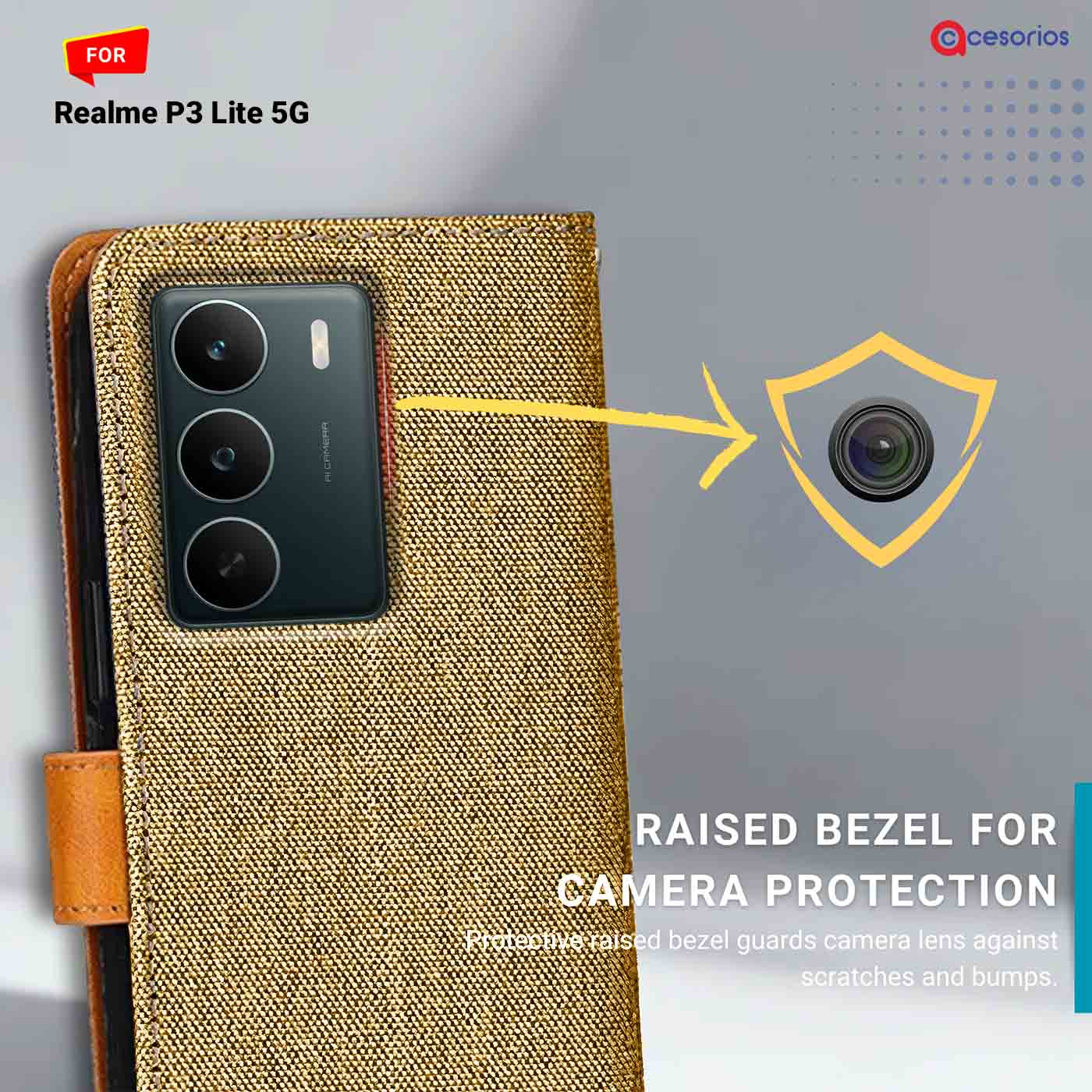 Denim & Leather back panel — Realme P3 Lite 5G in Light Brown mobile case