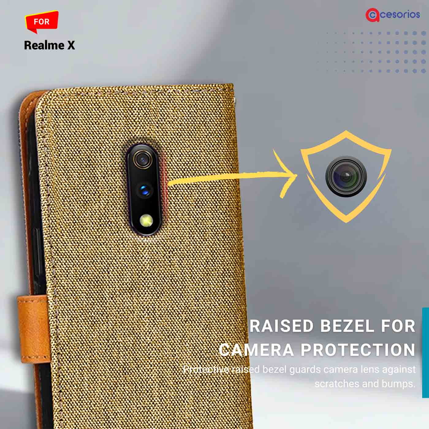 Denim & Leather back panel — Realme X in Light Brown mobile case