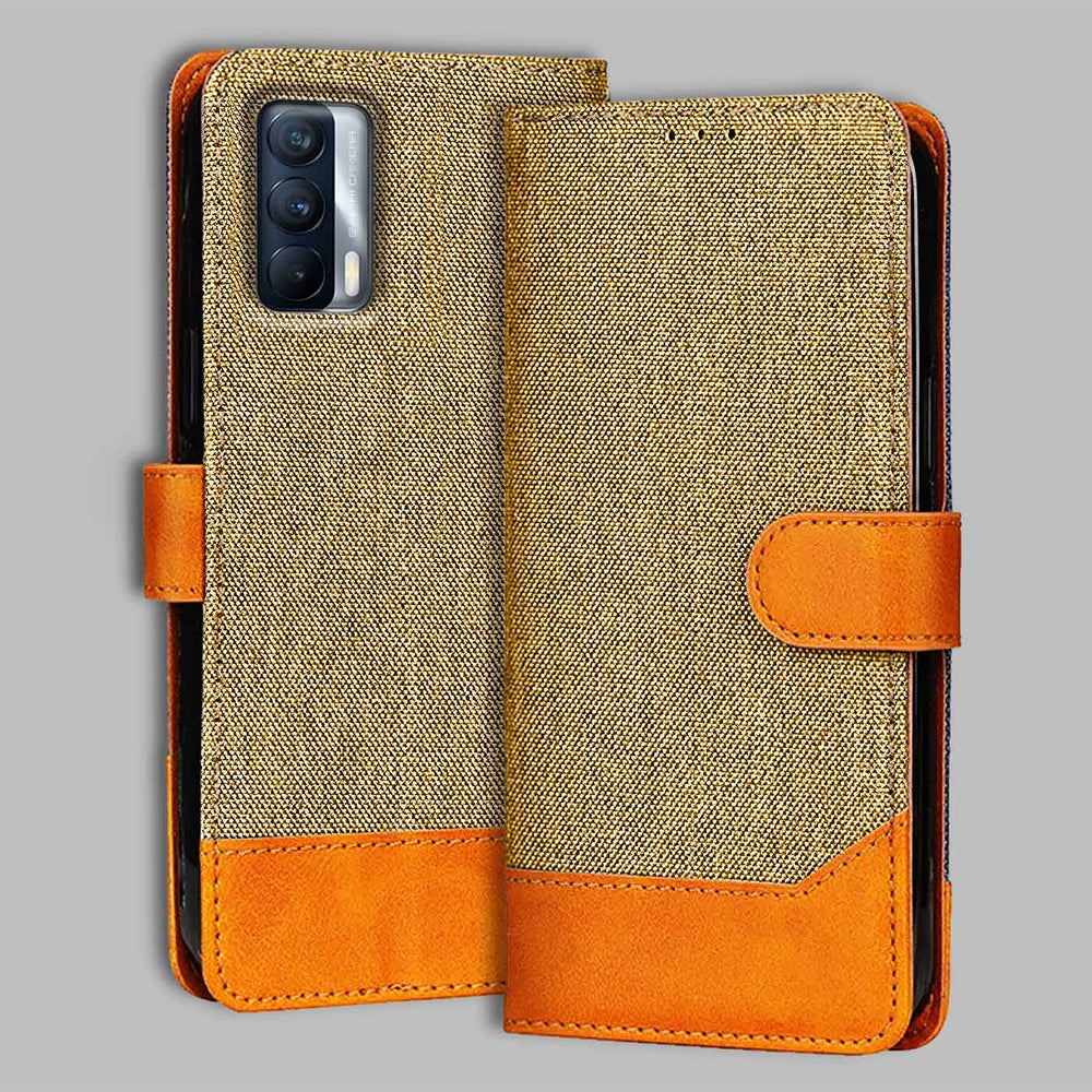 Realme X7 flip cover in Light Brown — front view by Accesorios