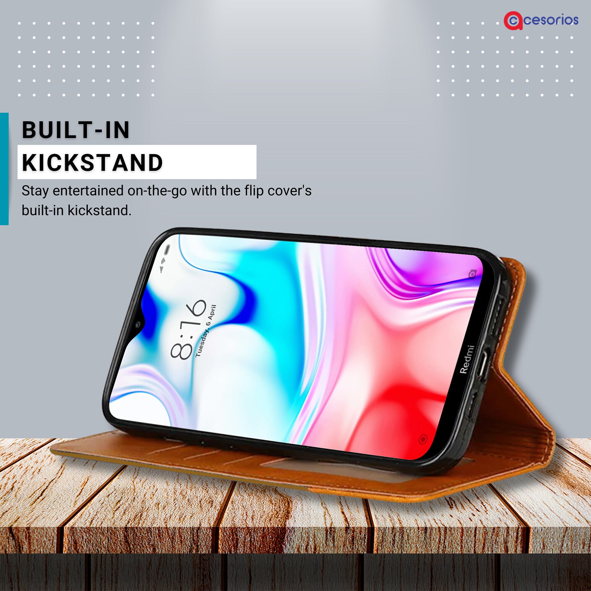 Accesorios Redmi 8 denim flip cover – Light Brown – Image 4 #color_light brown
