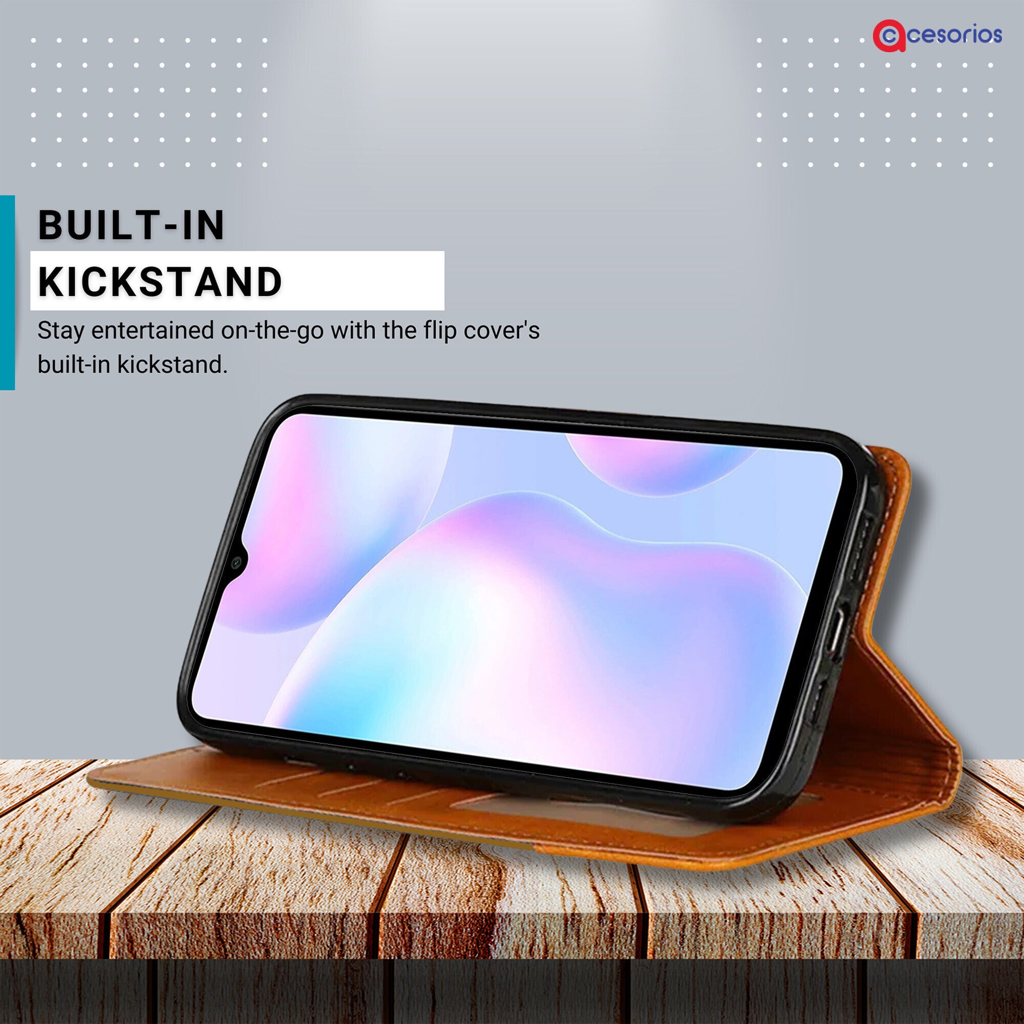 Accesorios Redmi 9A denim flip cover – Light Brown – Image 4 #color_light brown
