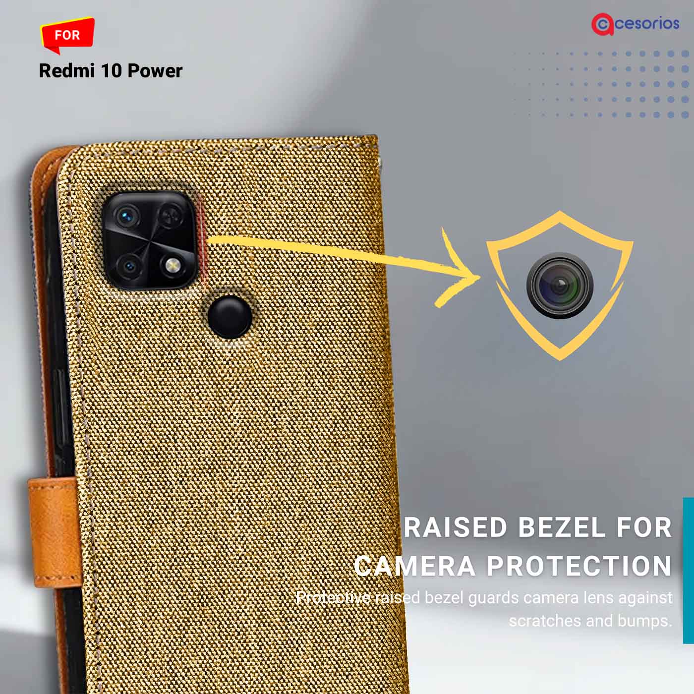 Denim & Leather back panel — Redmi 10 Power in Light Brown mobile case