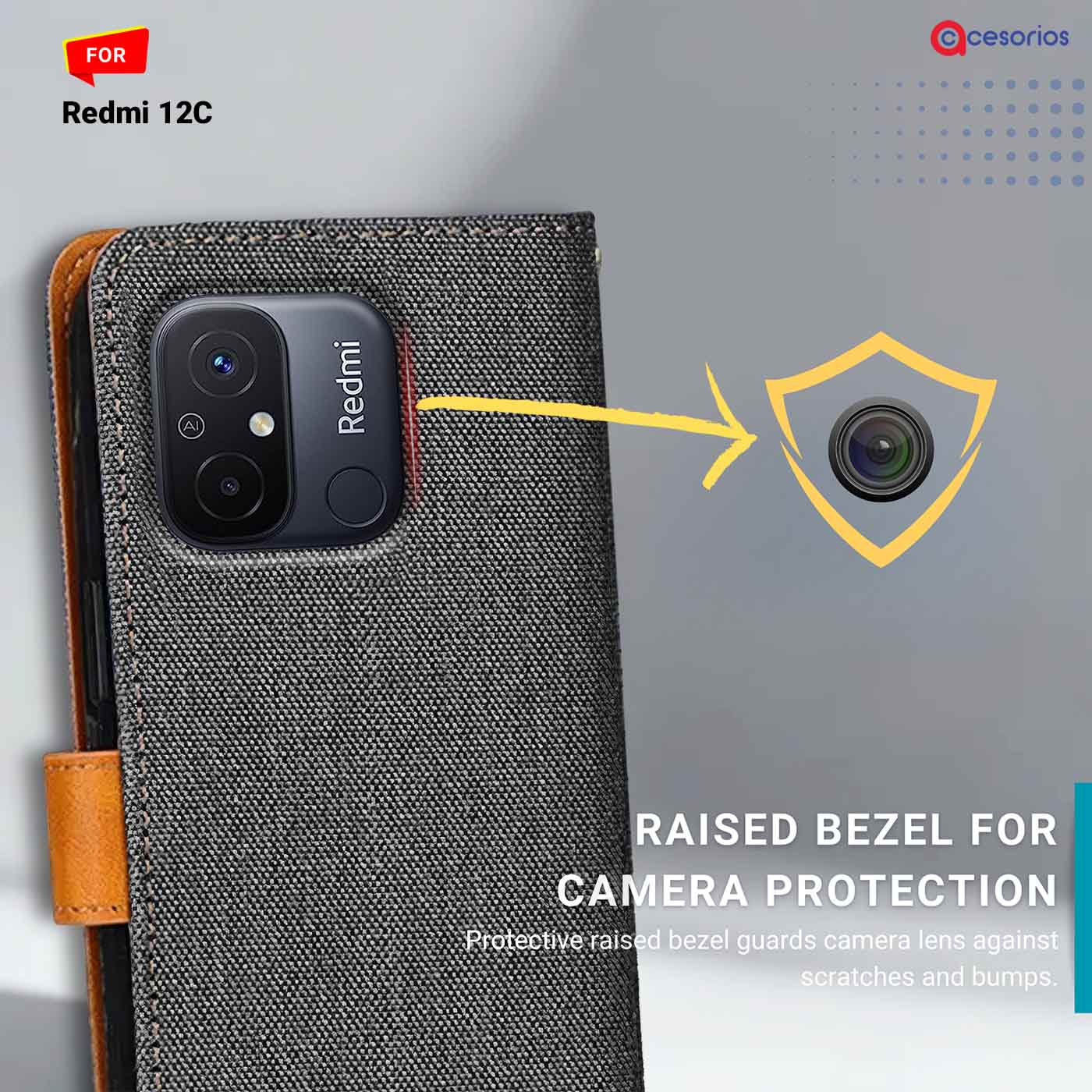 Accesorios Redmi 12C denim flip cover – Grey – Image 2 #color_