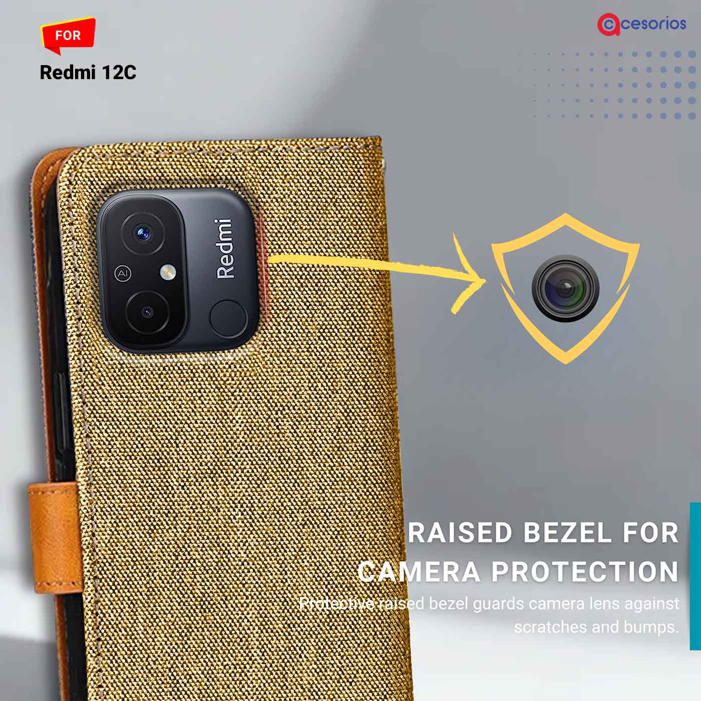 Denim & Leather back panel — Redmi 12C in Light Brown mobile case