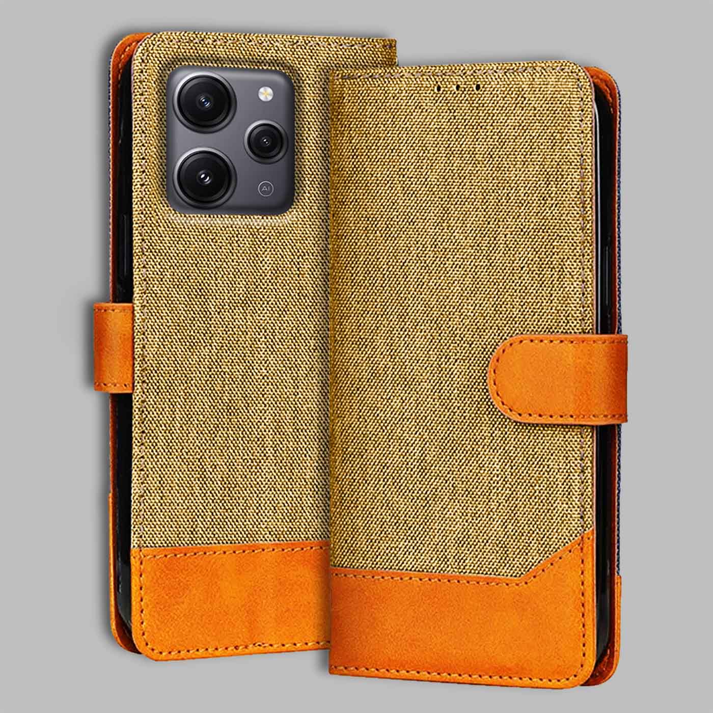 Redmi 12 5G flip cover in Light Brown — front view by Accesorios