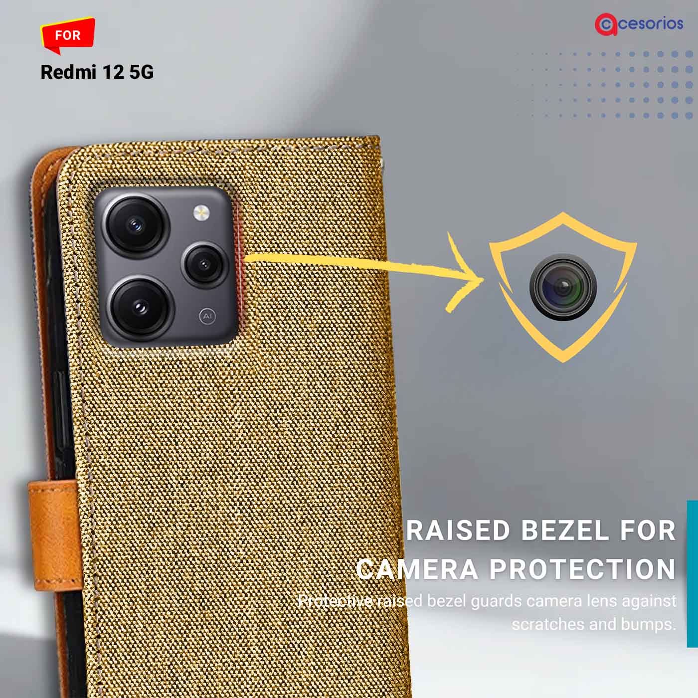 Denim & Leather back panel — Redmi 12 5G in Light Brown mobile case