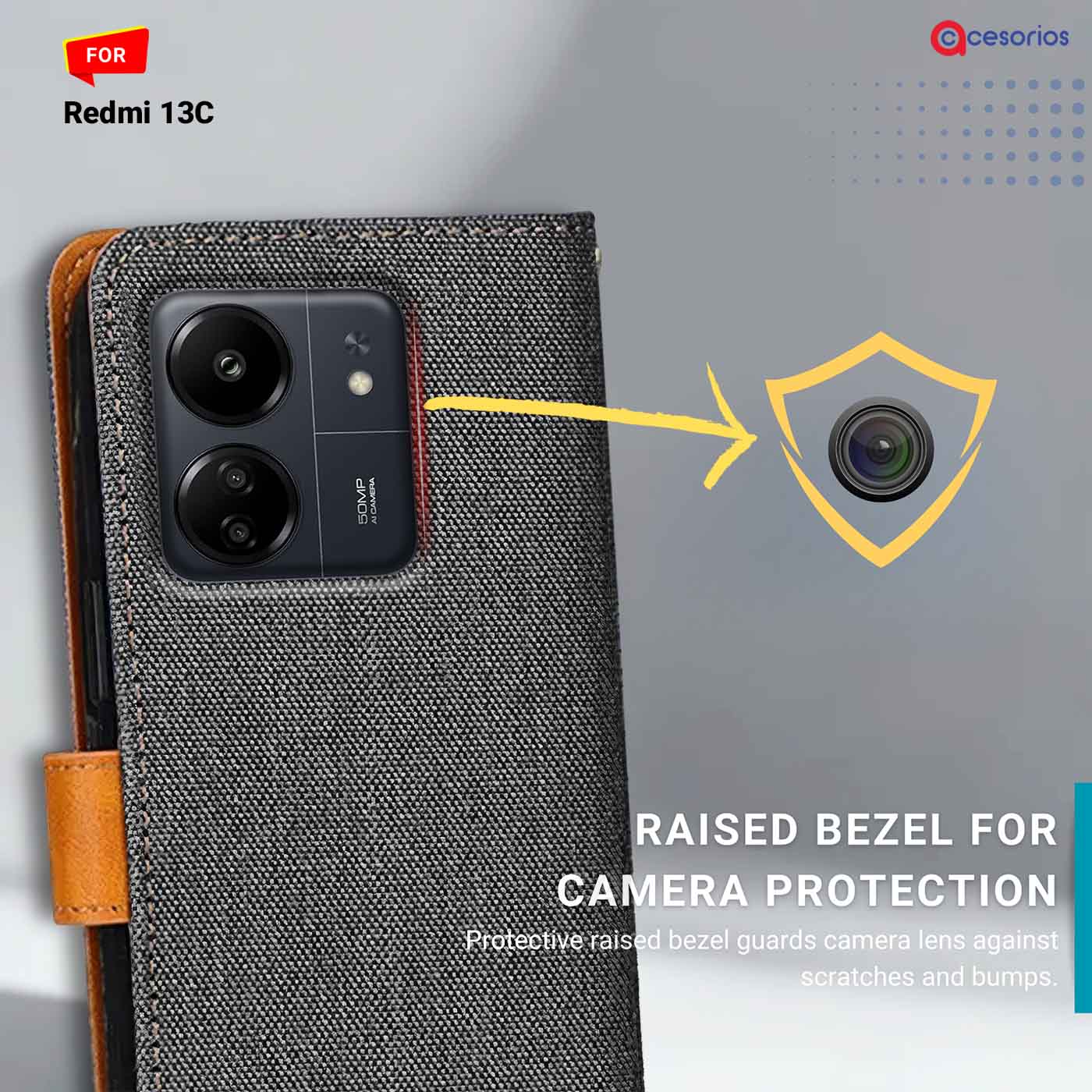 Denim & Leather back panel — Redmi 13C in Grey mobile case