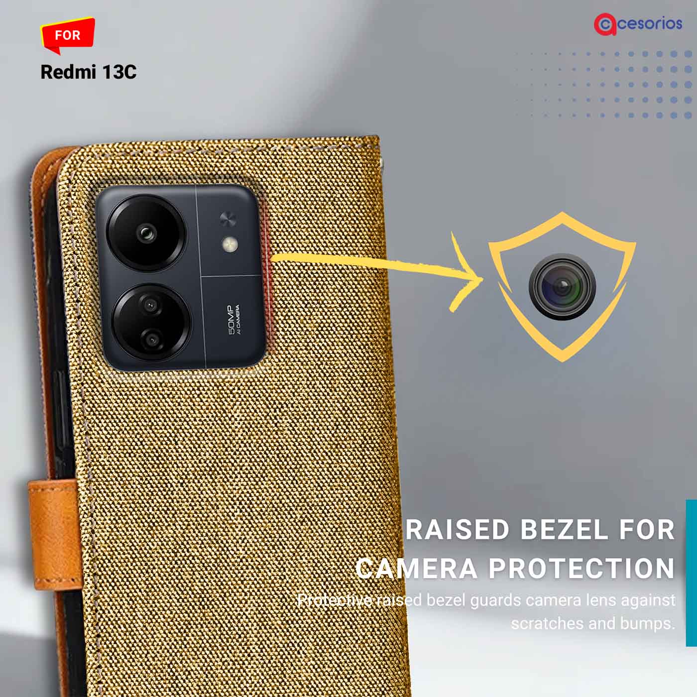 Denim & Leather back panel — Redmi 13C in Light Brown mobile case
