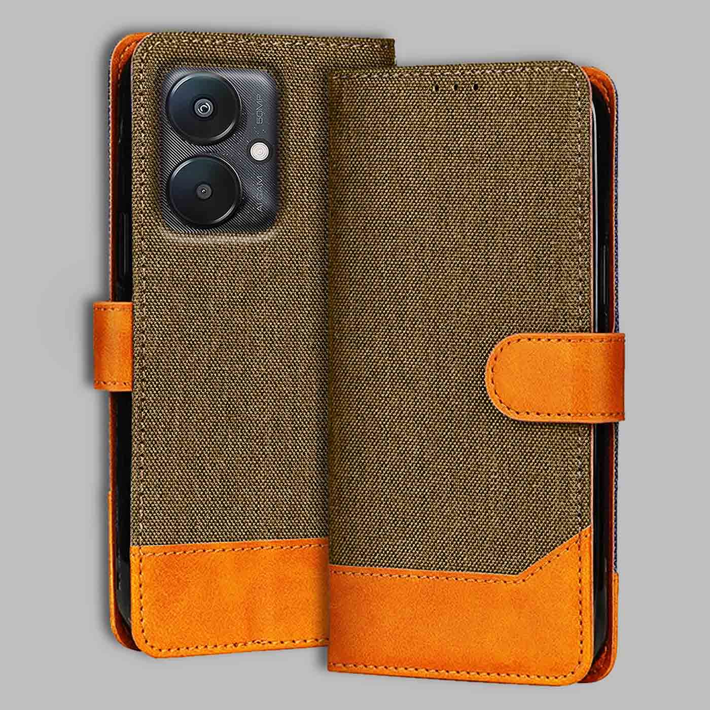 Redmi 13C 5G flip cover in Dark Brown — front view by Accesorios