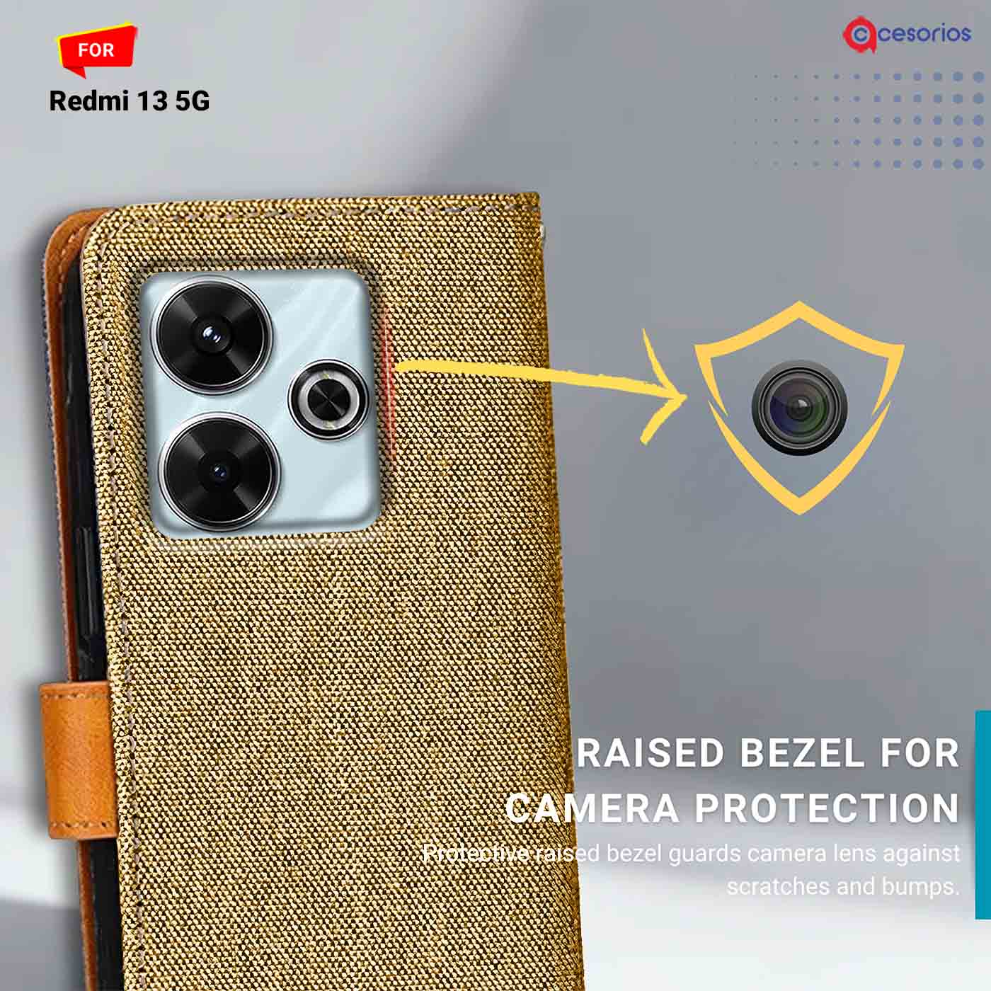 Denim & Leather back panel — Redmi 13 5G in Light Brown mobile case