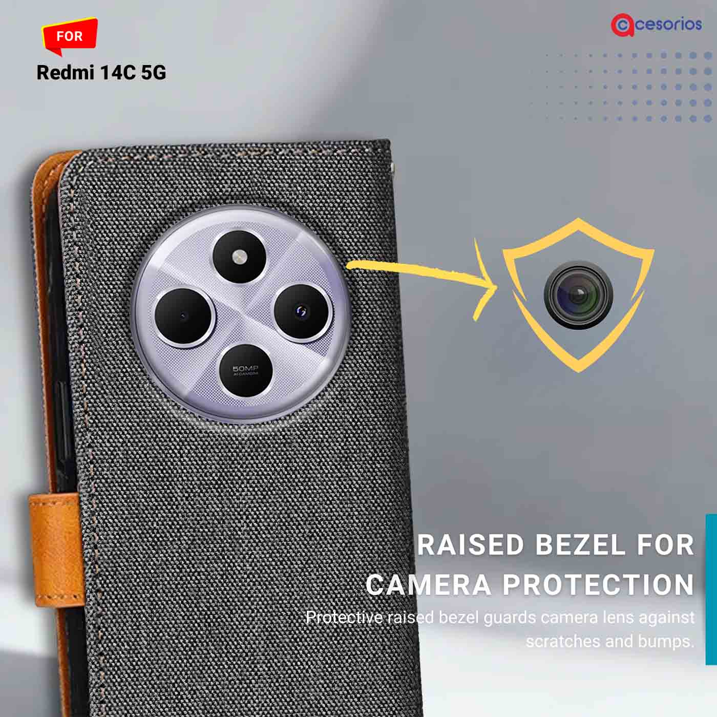 Denim & Leather back panel — Redmi 14C 5G in Grey mobile case