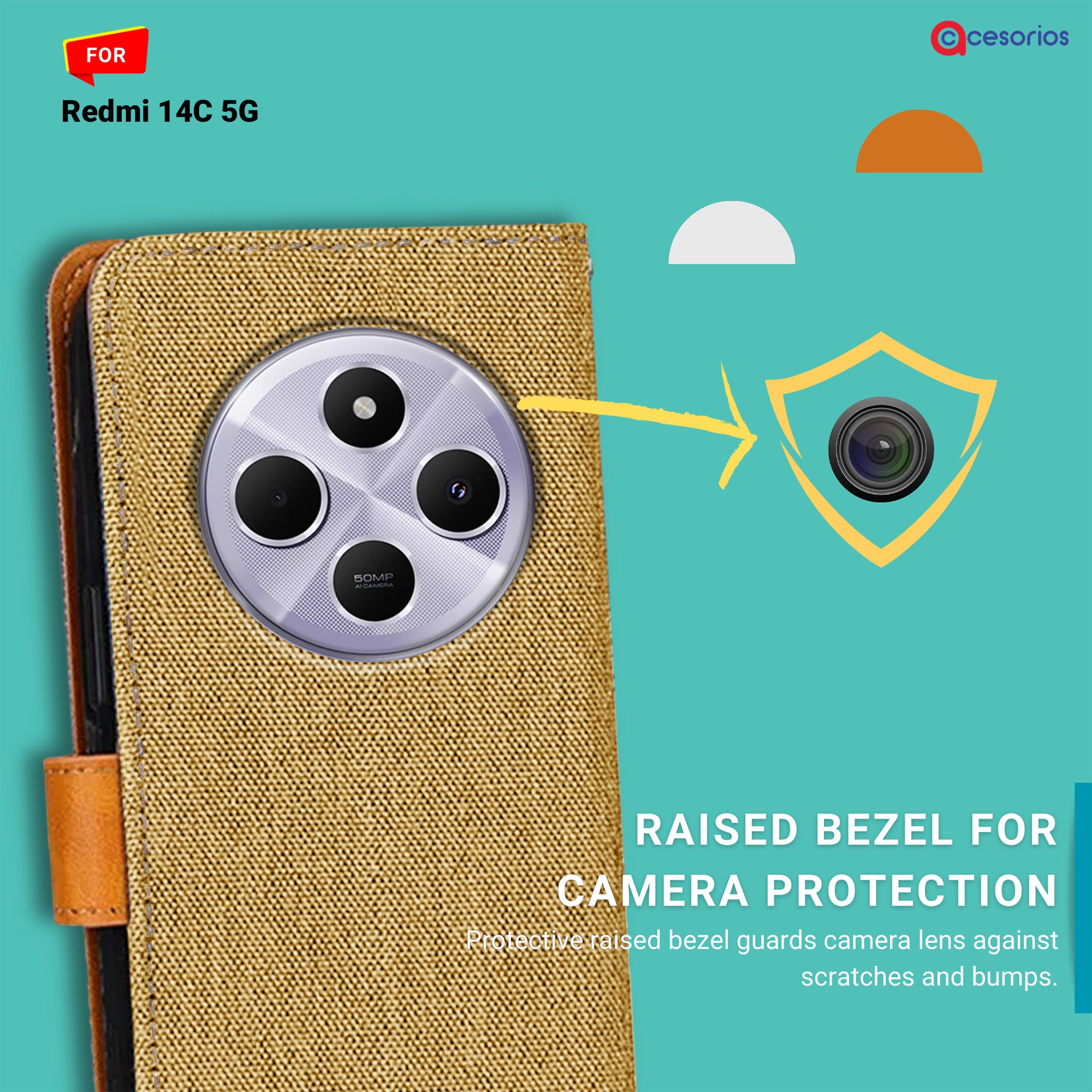 Accesorios Redmi 14C 5G denim flip cover – Light Brown – Image 2 #color_light brown